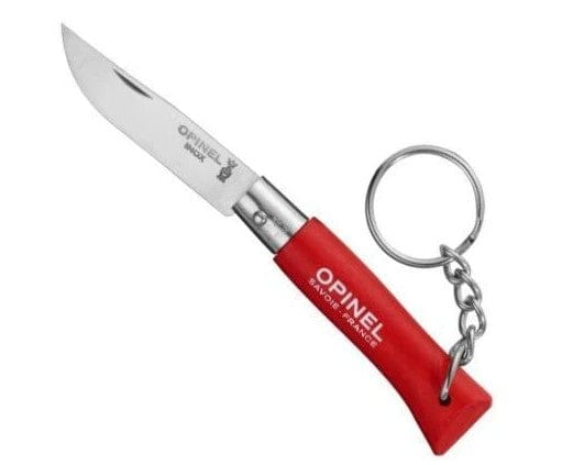 The Opinel Keychain Knife No. 04 is a small folding knife with a red handle, stainless steel blade, and attached keychain—ideal for everyday carry. Opinel and Savoie France are printed in white on the handle.