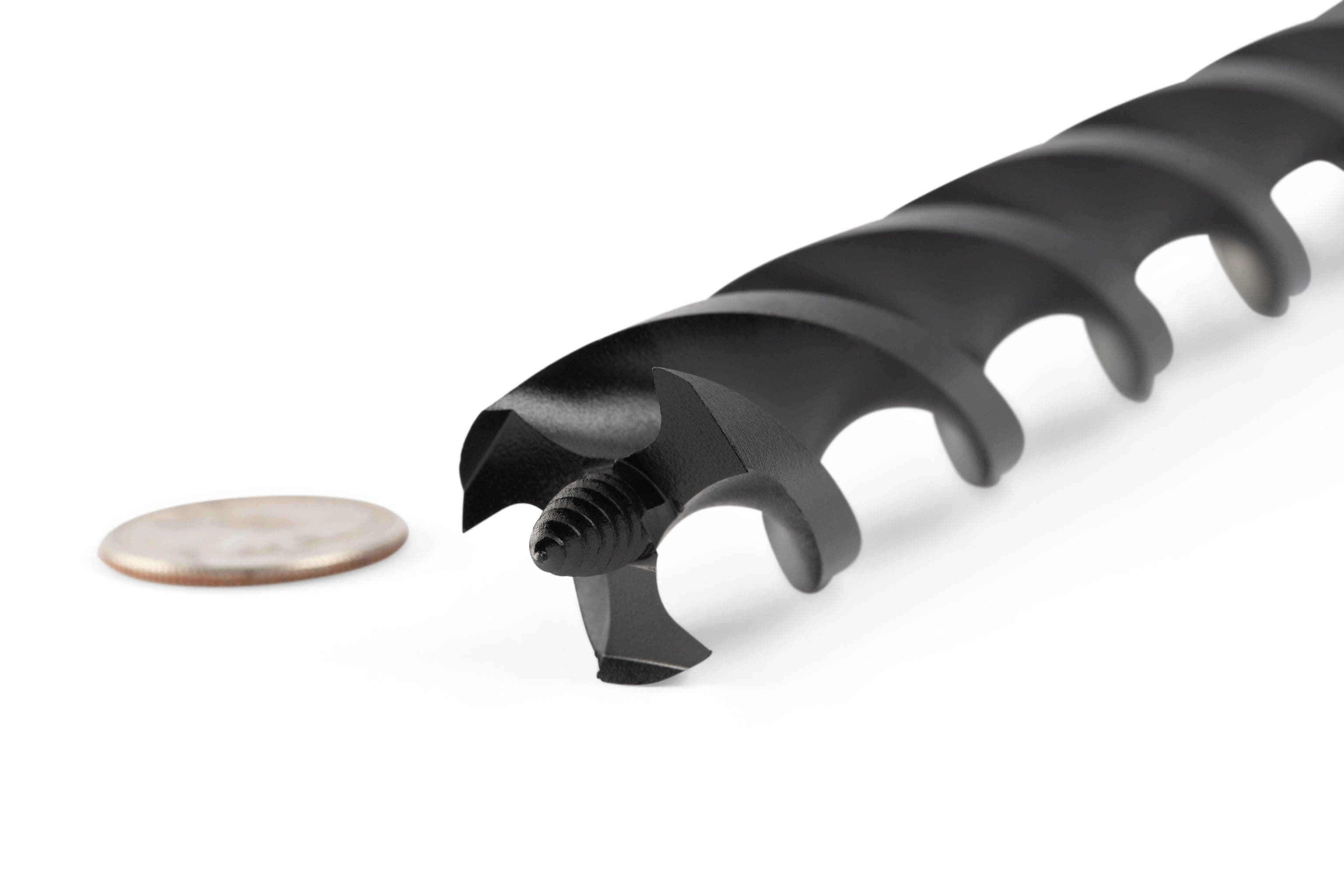 Close-up of an OWL Wood Owl Ultra Smooth Tri-Cut Auger Bit 18-in, featuring precision black high-carbon steel with a flat end; shown next to a coin for size comparison on a white background.