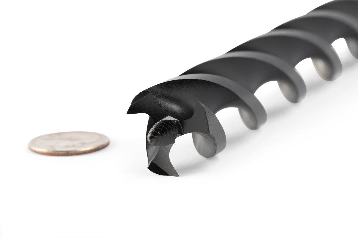 Close-up of an 18-in Wood Owl Ultra Smooth Tri-Cut Auger Bit with a screw tip, next to a coin for scale, against a white background.