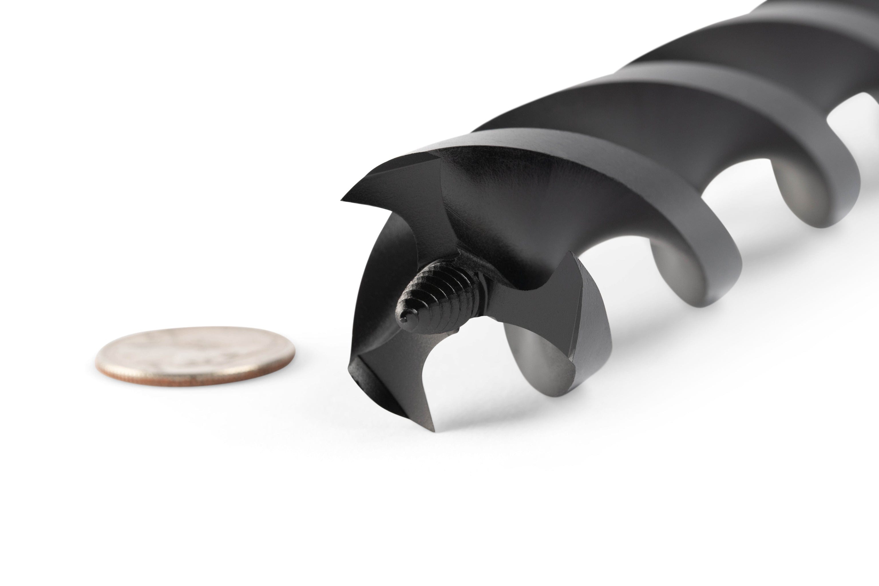 Close-up of the tip of an OWL Wood Owl Ultra Smooth Tri-Cut Auger Bit 18-in with efficient chip ejection next to a coin on a white background.