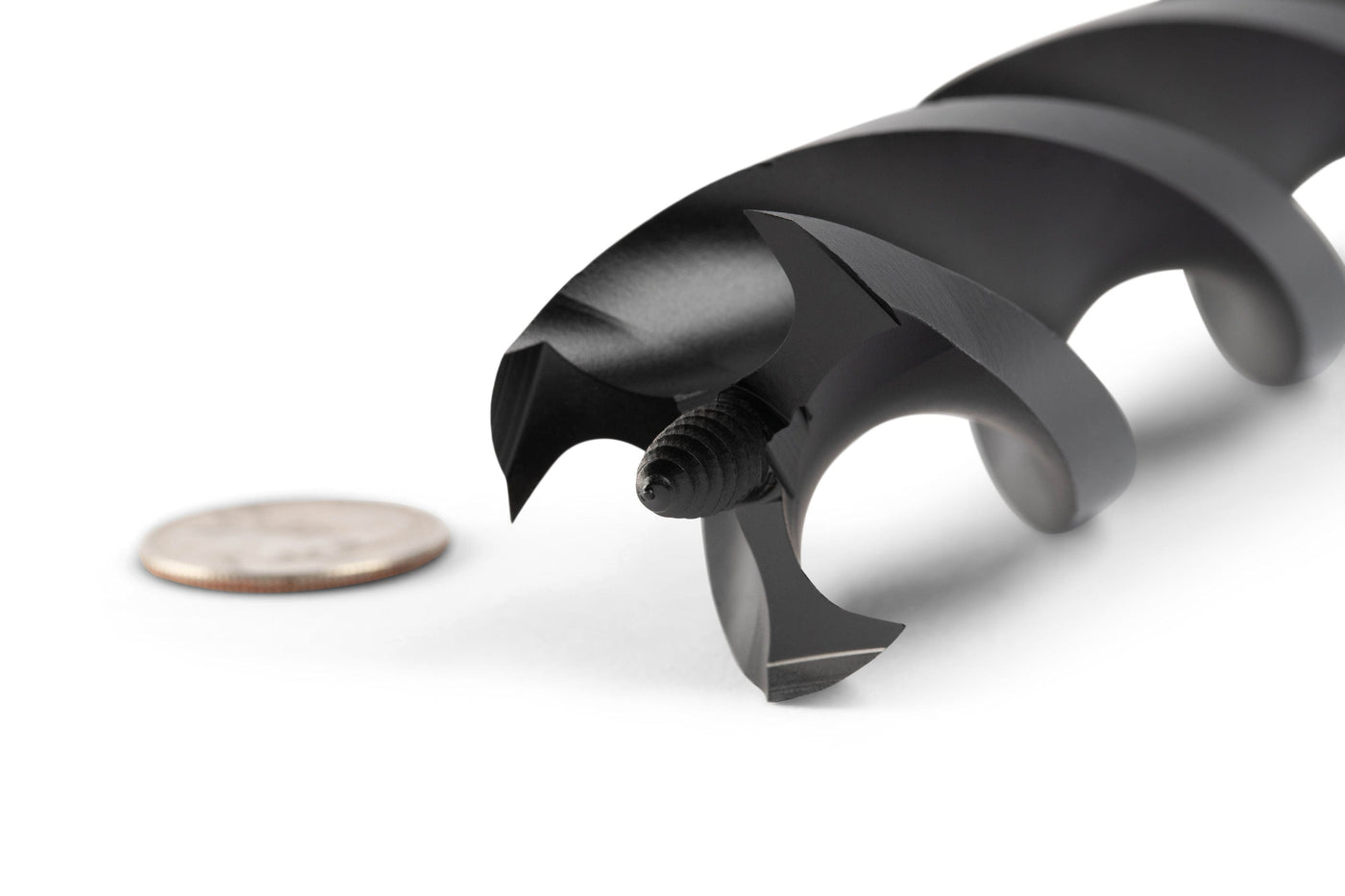 A close-up of the 18-inch Wood Owl Ultra Smooth Tri-Cut Auger Bit is shown against a white background with a quarter coin for scale. Crafted by OWL from high-carbon steel, this auger bit offers woodworking enthusiasts precision and durability.