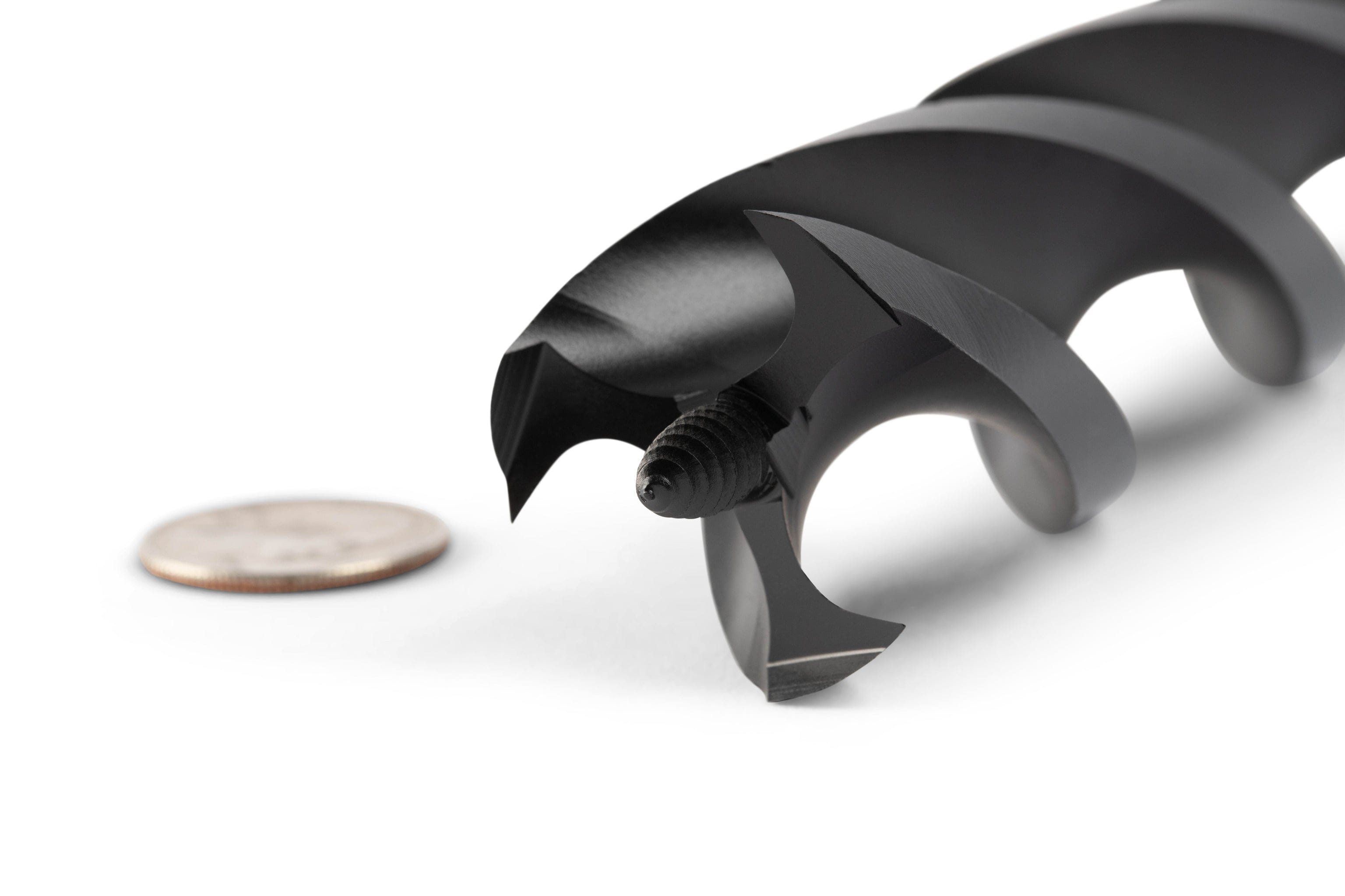 A close-up of the 18-inch Wood Owl Ultra Smooth Tri-Cut Auger Bit is shown against a white background with a quarter coin for scale. Crafted by OWL from high-carbon steel, this auger bit offers woodworking enthusiasts precision and durability.