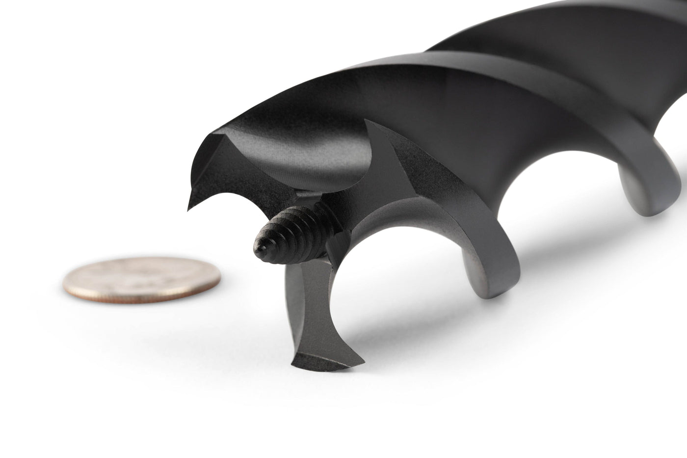 A close-up of the large OWL Wood Owl Ultra Smooth Tri-Cut Auger Bit 18-in, crafted from high-carbon steel, placed beside a coin on a white surface to highlight the size comparison of these woodworking tools.