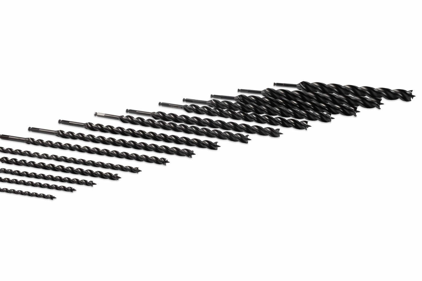 An 18-piece set of black Wood Owl Ultra Smooth Tri-Cut Auger Bits by OWL, made from S55C high-carbon steel with precision-ground flutes, arranged in size order and displayed diagonally on a white background.