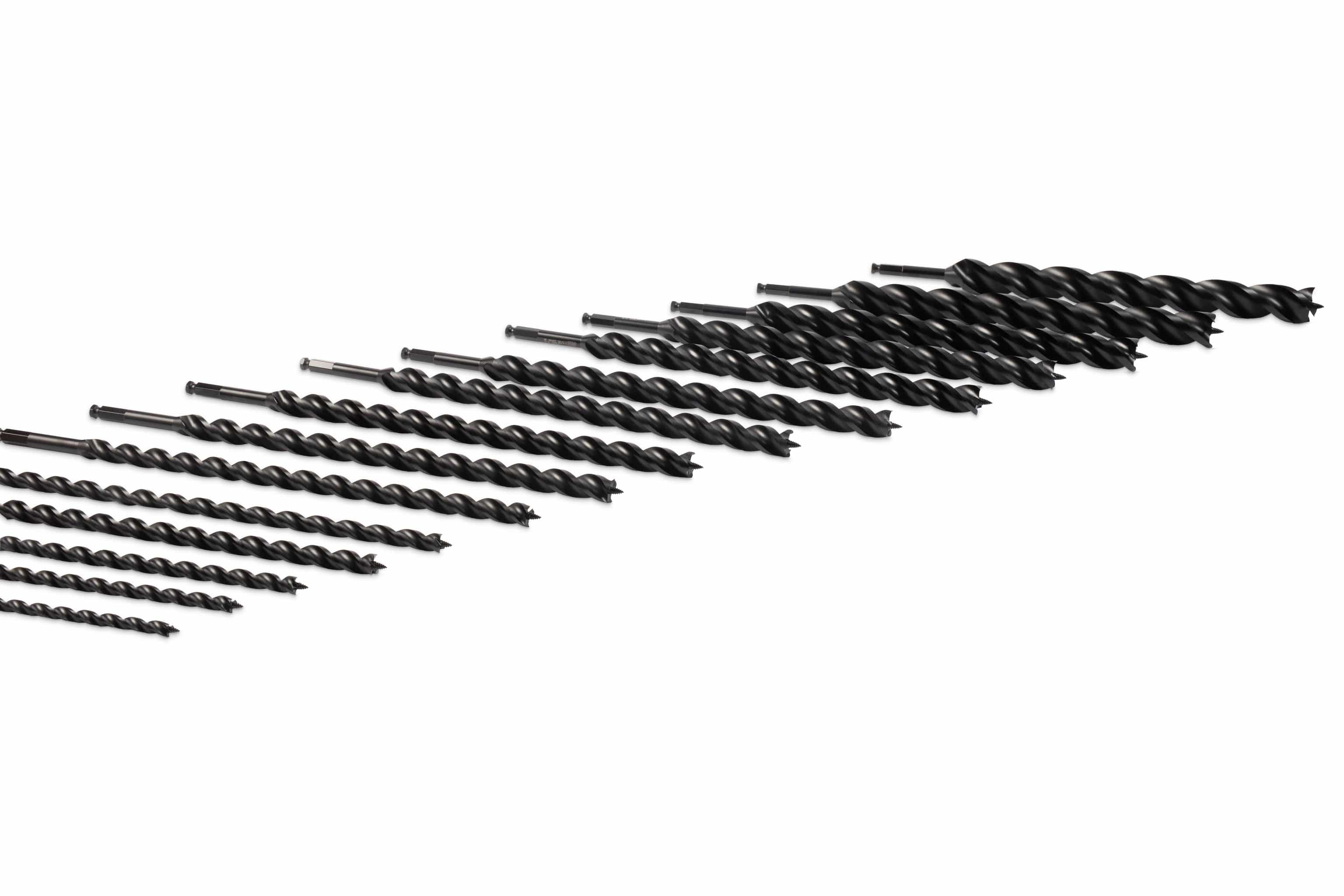An 18-piece set of black Wood Owl Ultra Smooth Tri-Cut Auger Bits by OWL, made from S55C high-carbon steel with precision-ground flutes, arranged in size order and displayed diagonally on a white background.