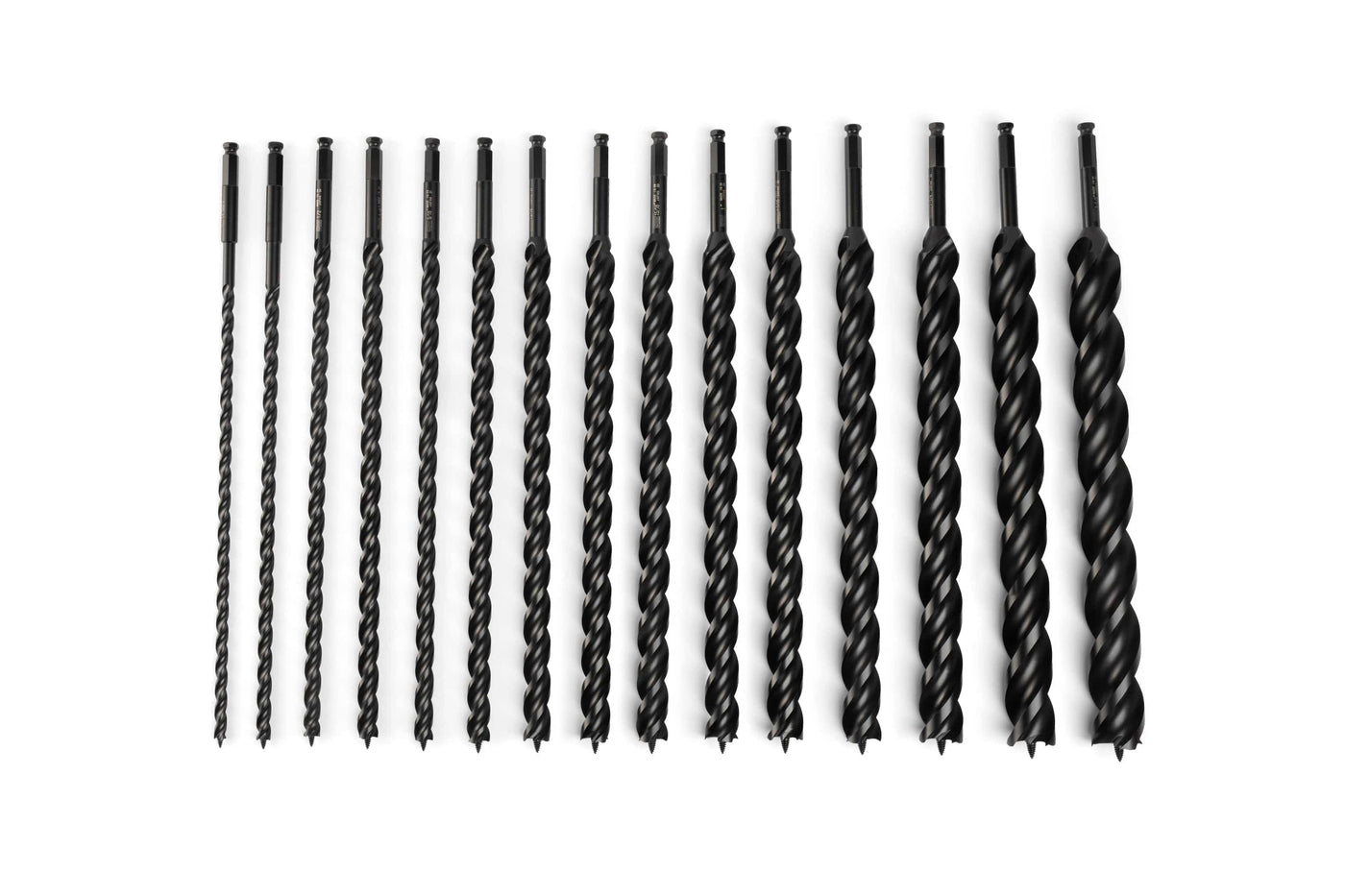 A set of 17 OWL Wood Owl Ultra Smooth Tri-Cut Auger Bits, made from high-carbon steel, is displayed in ascending size order from left to right.