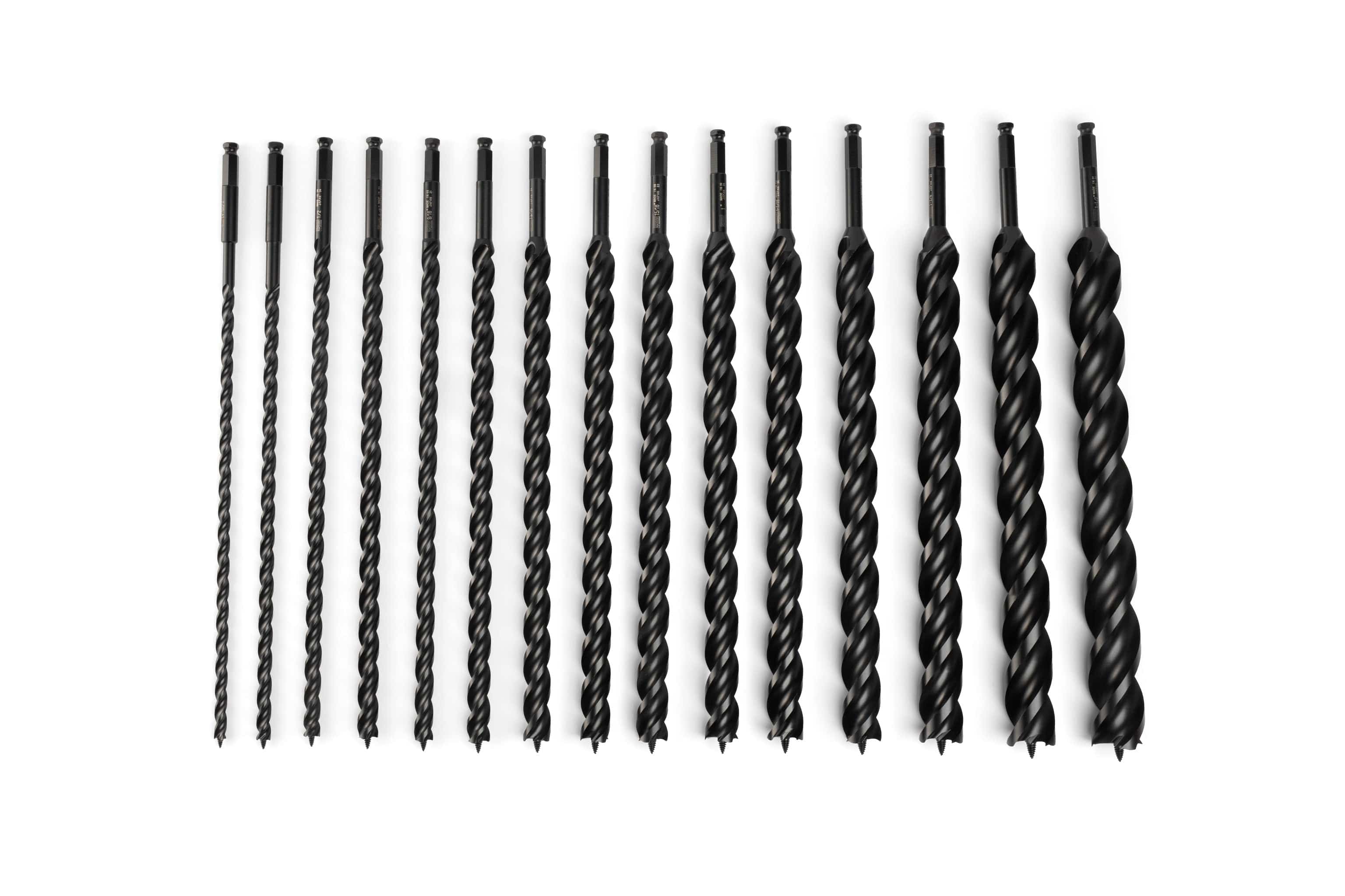 A set of 17 OWL Wood Owl Ultra Smooth Tri-Cut Auger Bits, made from high-carbon steel, is displayed in ascending size order from left to right.