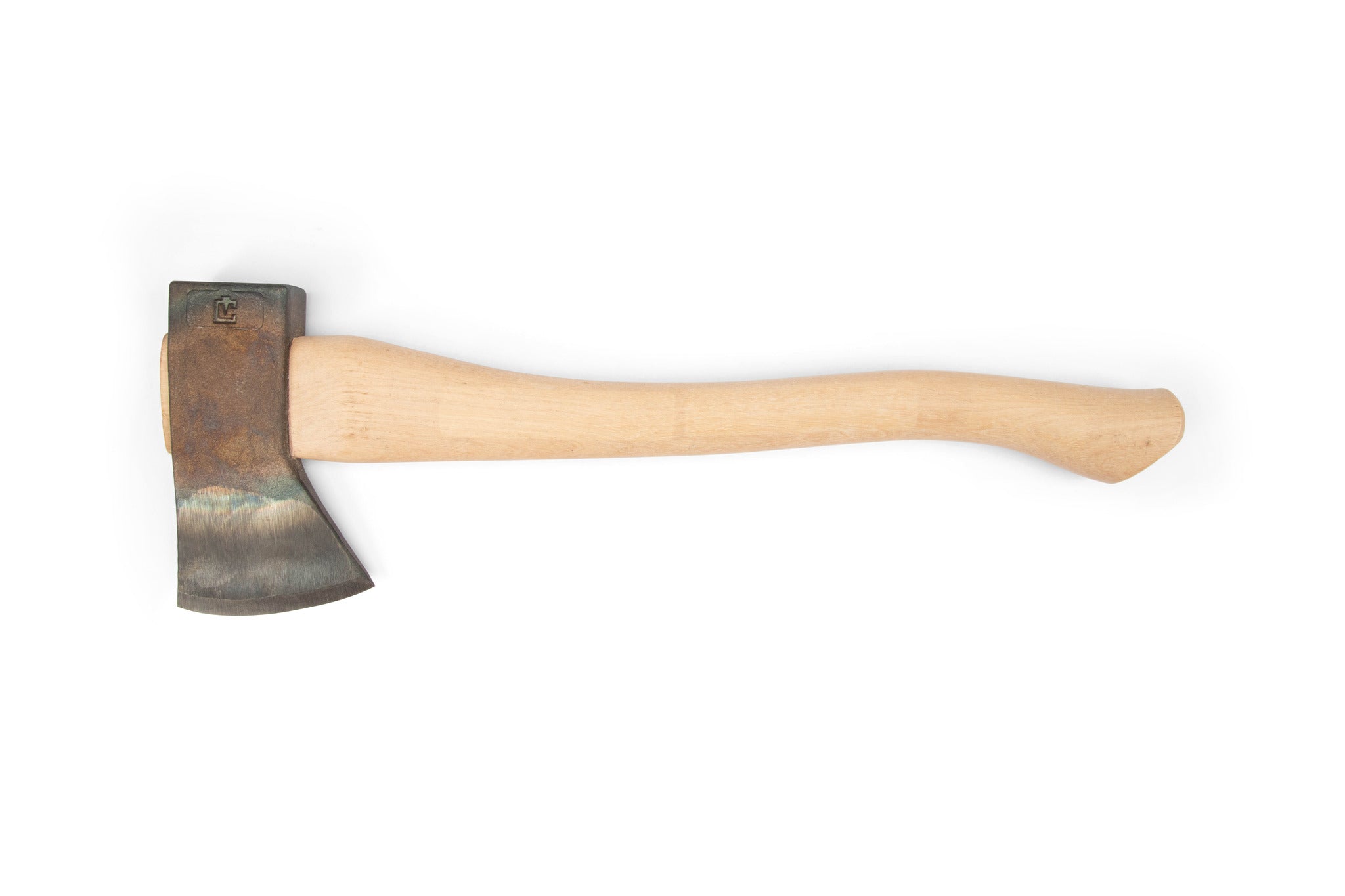 The PEA Hudson Bay Axe with Blade Guard 18-IN features a worn, rusty metal head and a smooth, light-colored wooden handle, shown on a plain white background.