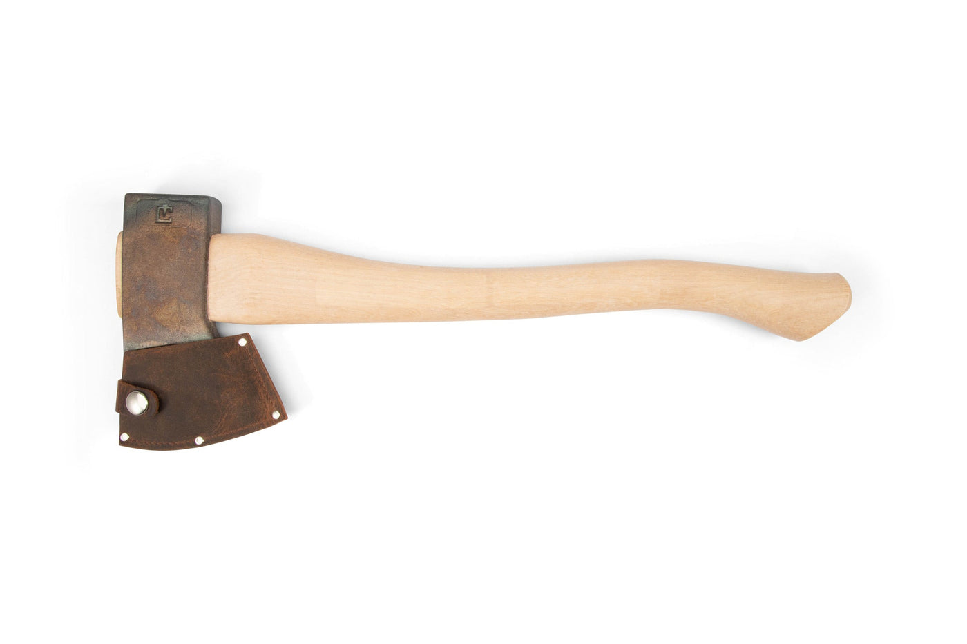 The PEA Hudson Bay Axe with Blade Guard 18-IN, featuring a light wooden handle and metal head with a brown leather guard, is displayed on a white background.