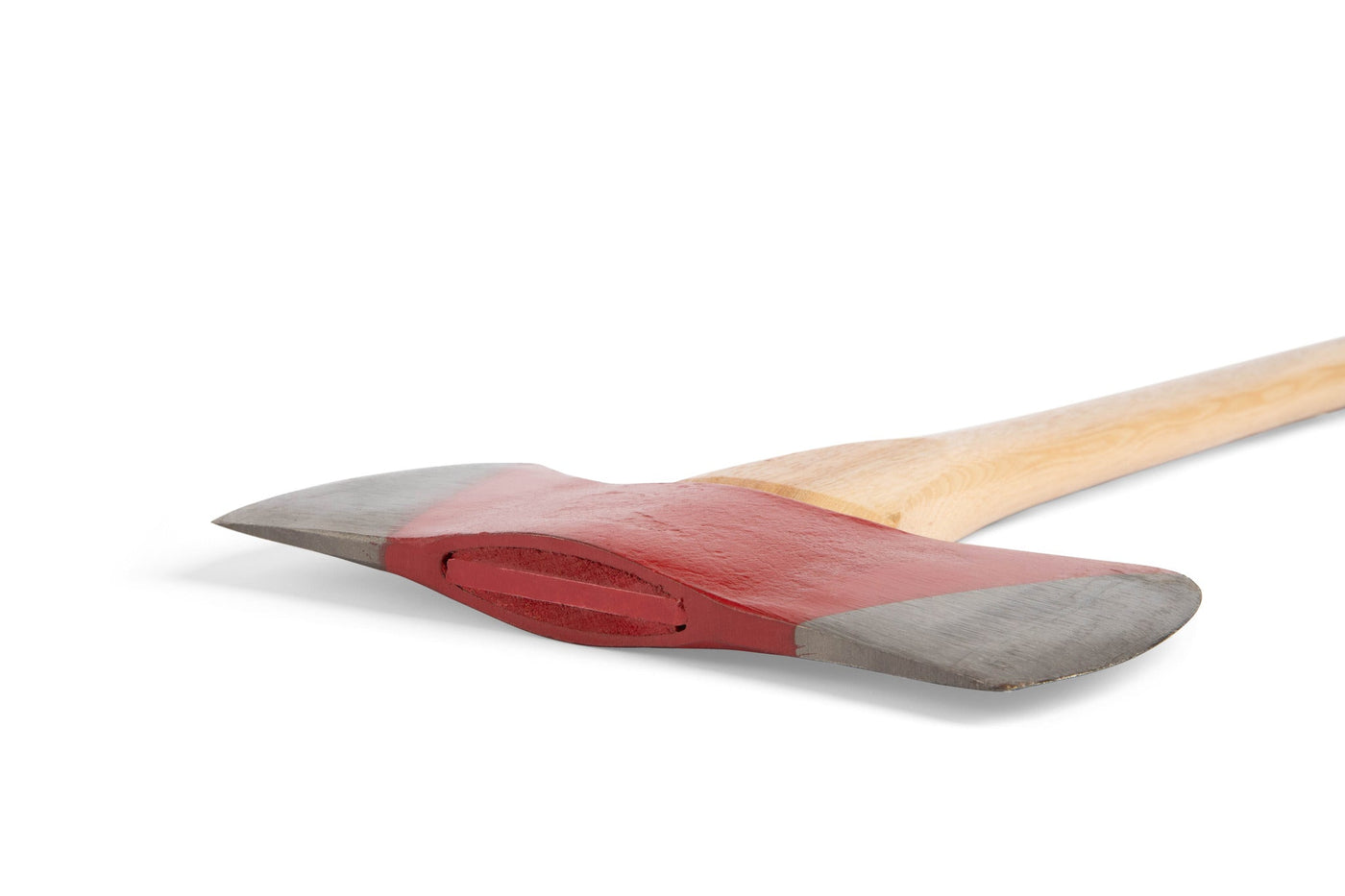 The PEA Peavey 36" Double Bit Axe, featuring a forged tool steel head, American hickory handle, two sharpened blades, and a red-painted center, is displayed on a white surface.