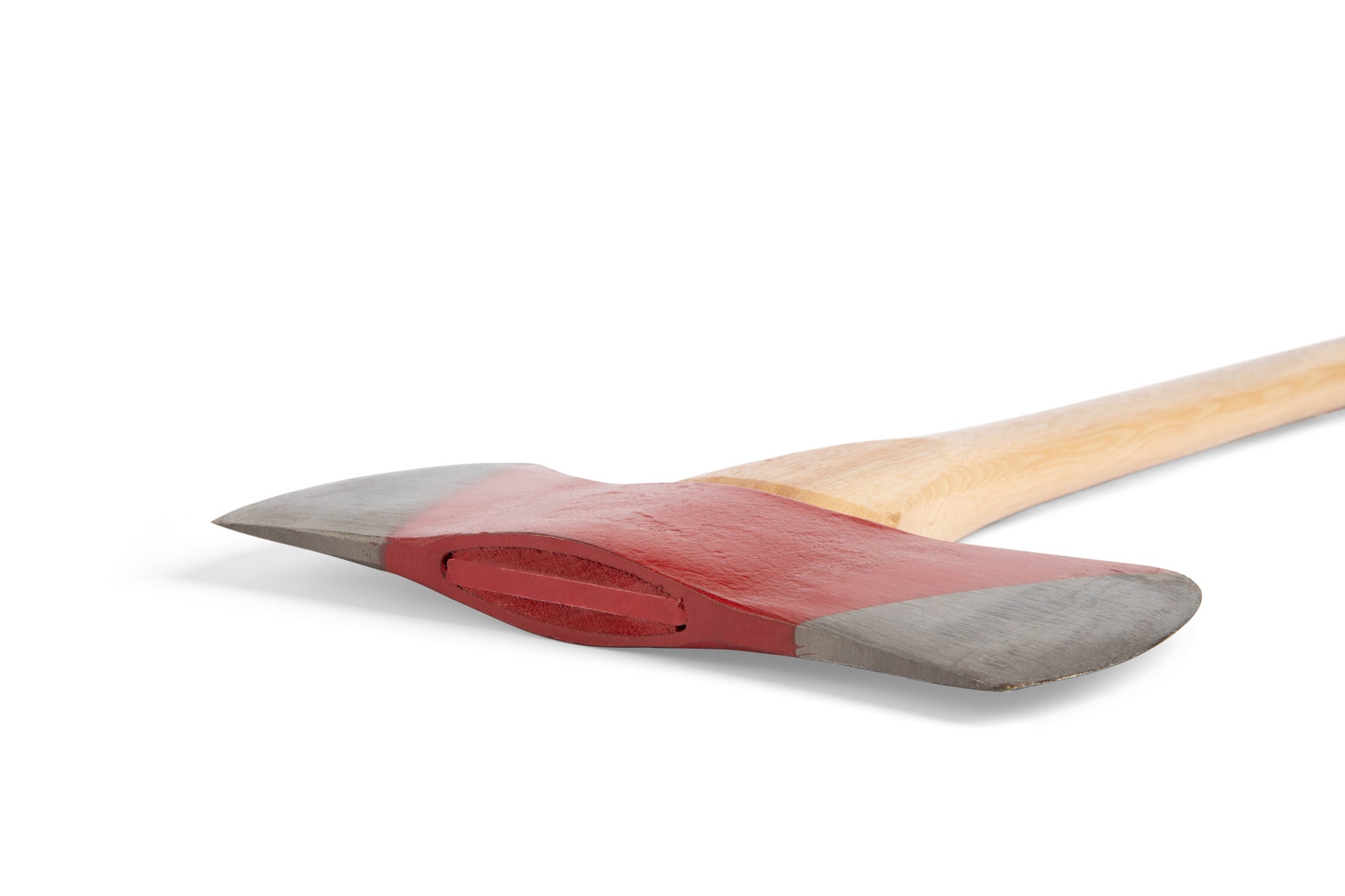 The PEA Peavey 36" Double Bit Axe, featuring a forged tool steel head, American hickory handle, two sharpened blades, and a red-painted center, is displayed on a white surface.