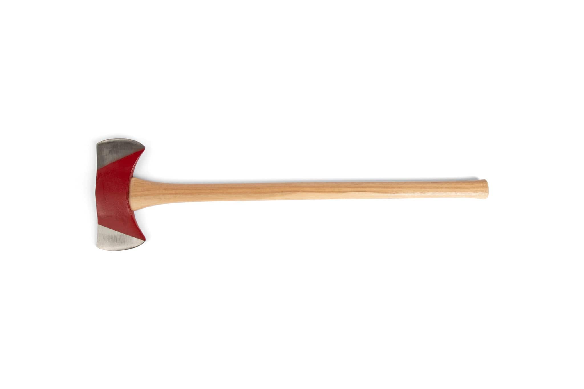 The Peavey 36" Double Bit Axe by PEA, featuring a forged tool steel head, American hickory handle, and red-painted blades, is displayed on a white background.