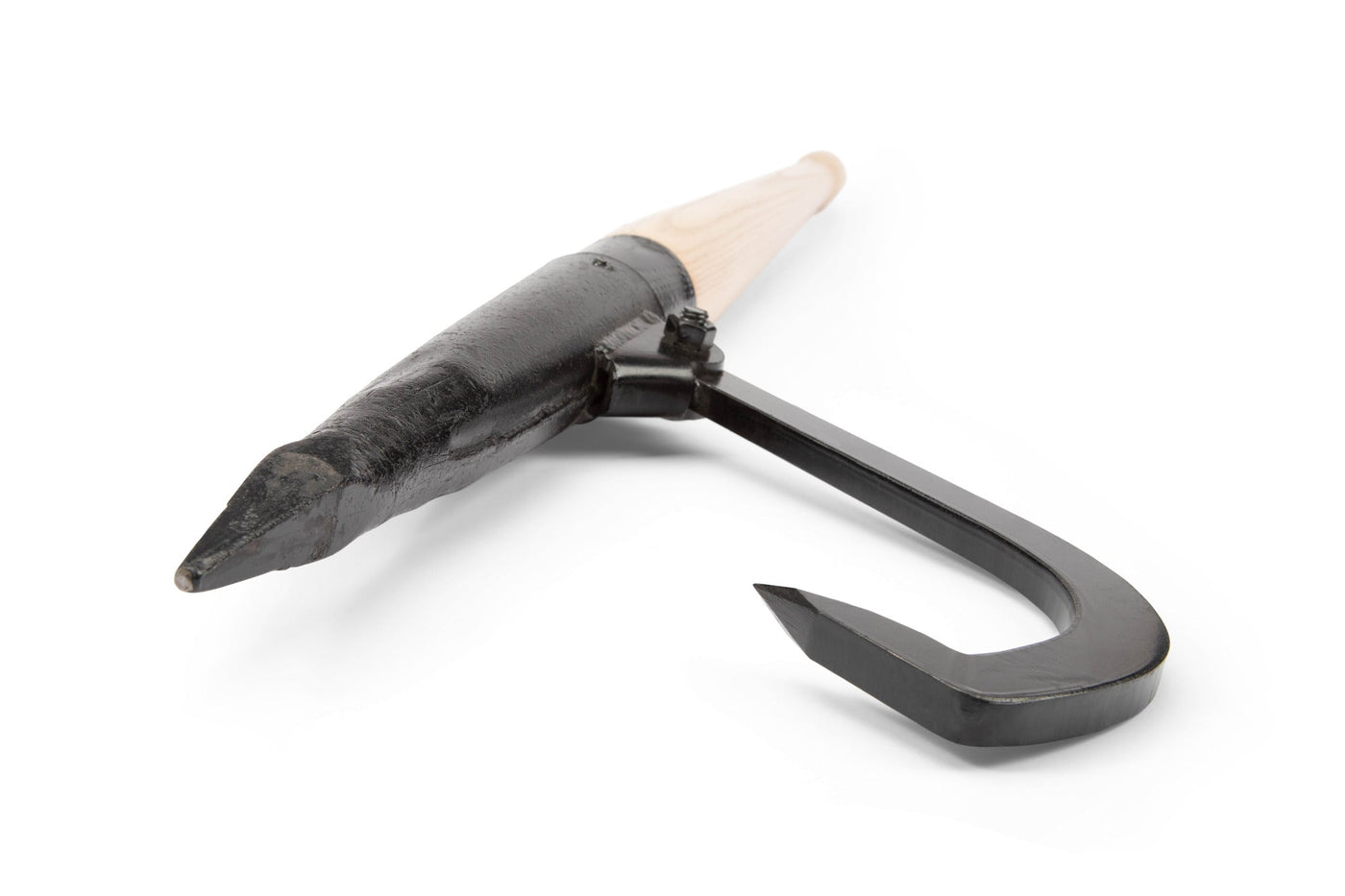 Close-up of the PEA Peavey Bangor Rafting Peavey, a forged log-handling tool with a wooden handle, pointed metal tip, and curved hook for gripping and rolling logs, displayed on a white background.