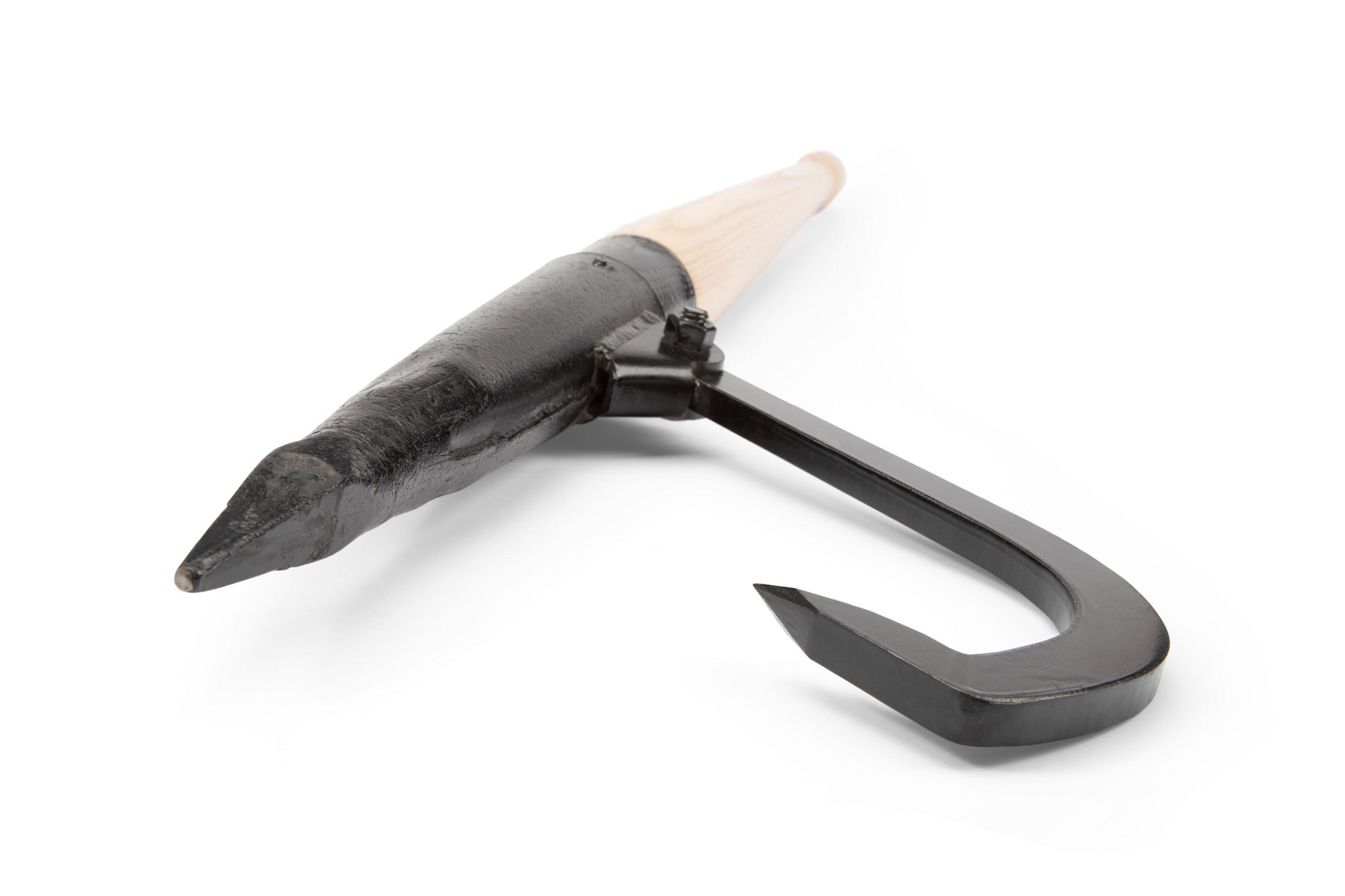 Close-up of the PEA Peavey Bangor Rafting Peavey, a forged log-handling tool with a wooden handle, pointed metal tip, and curved hook for gripping and rolling logs, displayed on a white background.