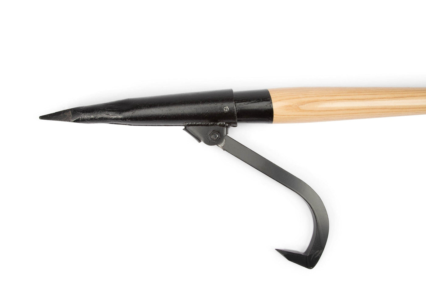 A close-up of the PEA Peavey Bangor Rafting Peavey, featuring a wooden handle and black metal head with a pointed pick on one side and a curved adze blade on the other, isolated on a white background.