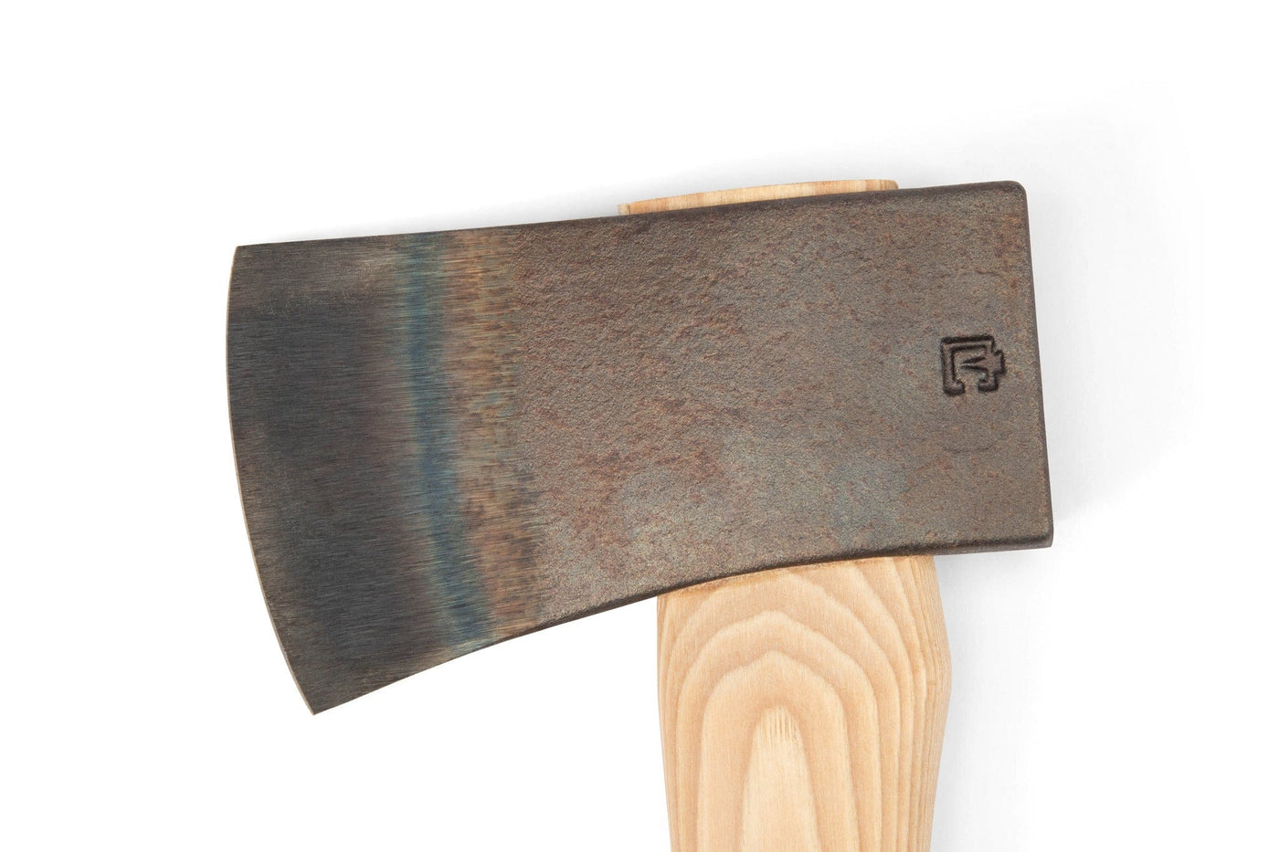 Close-up of the PEA Peavey Boys Axe with Blade Guard 28-in, showcasing its American hickory handle, weathered forged steel blade with a blue tint, and a small stamped logo near the top edge.