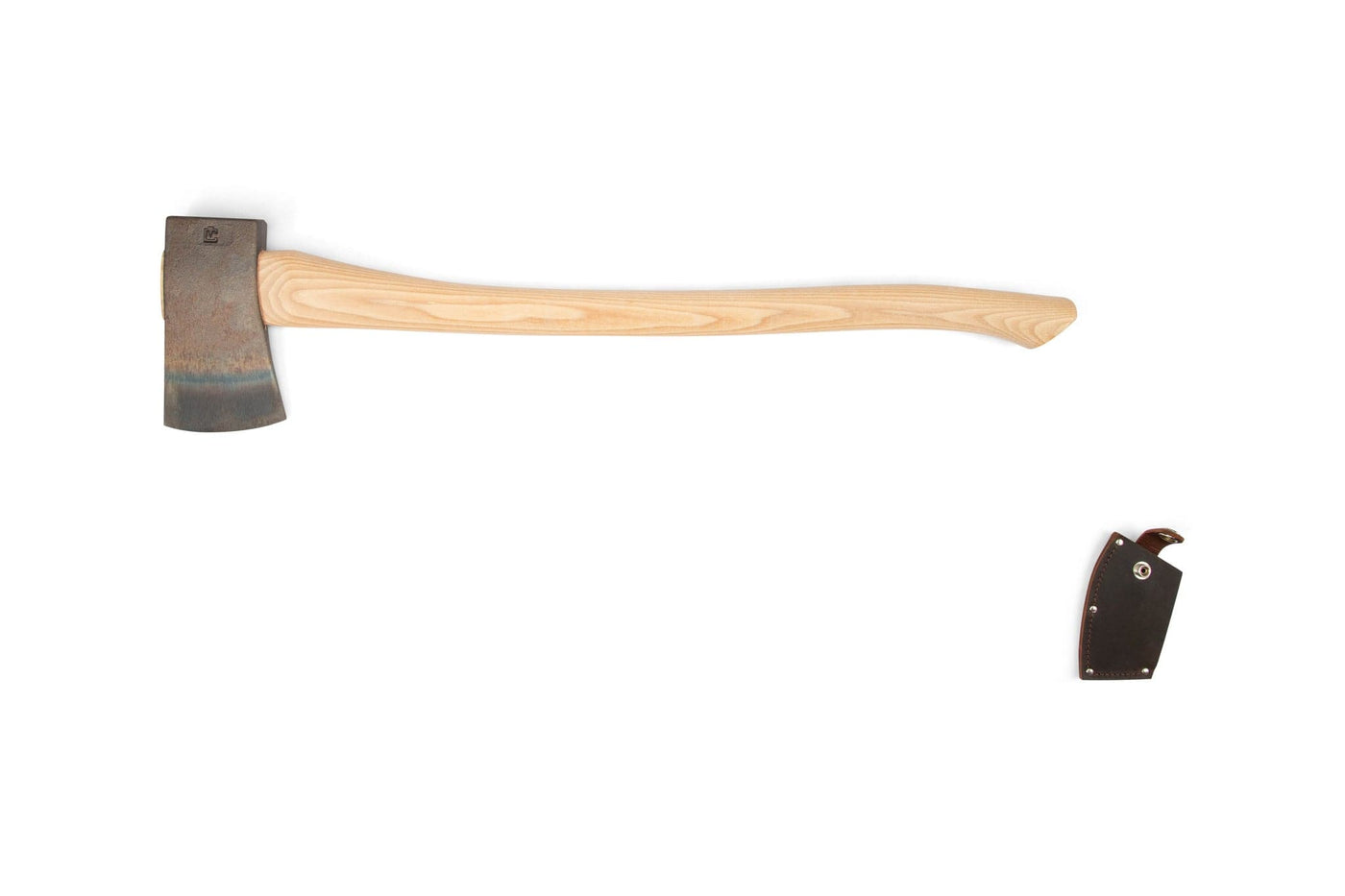 The PEA Peavey Boys Axe with Blade Guard 28-in features a long, light American hickory handle and a dark forged tool steel blade facing left. Its brown leather blade guard is nearby on a plain white background.