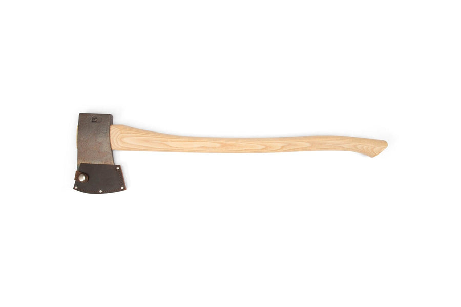 The PEA Peavey Boys Axe with Blade Guard 28-in features a light American hickory handle and forged tool steel blade with a dark metal sheath, shown against a white background.