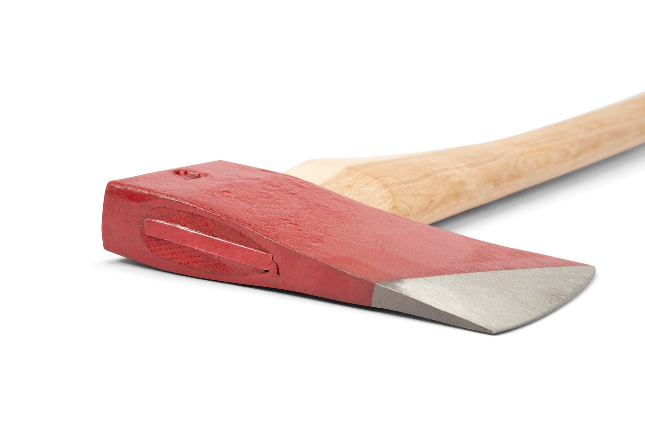 A close-up of the Peavey Dayton Axe With Blade Guard 36-in by PEA, featuring a red forged steel head and an American hickory handle, lying on a white surface.