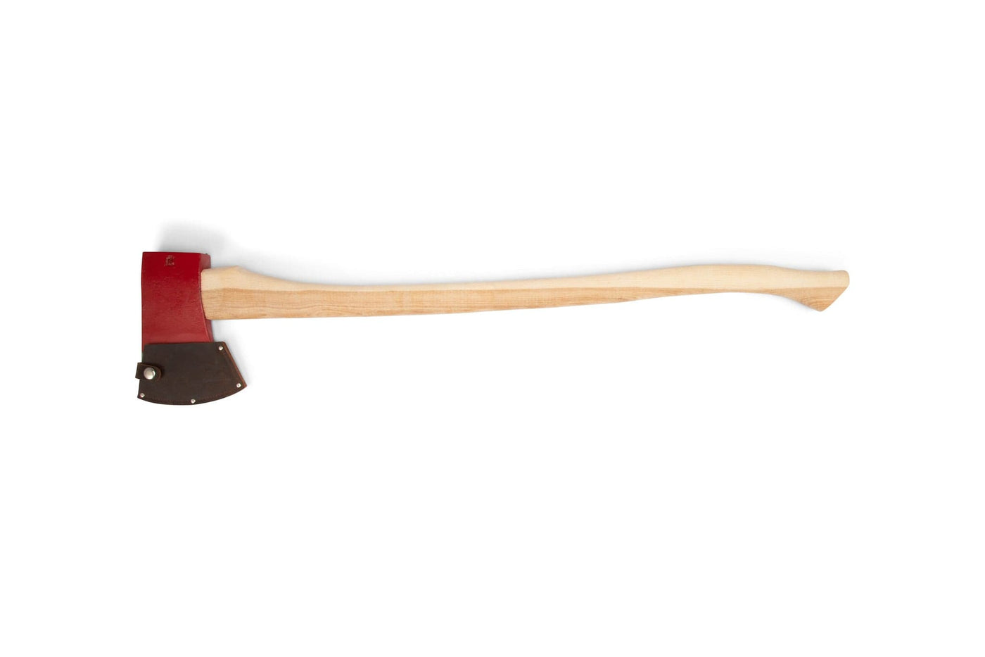 The PEA Peavey Dayton Axe With Blade Guard 36-in features a single blade, red forged steel head, long American hickory handle, and includes a dark protective sheath, displayed against a white background.