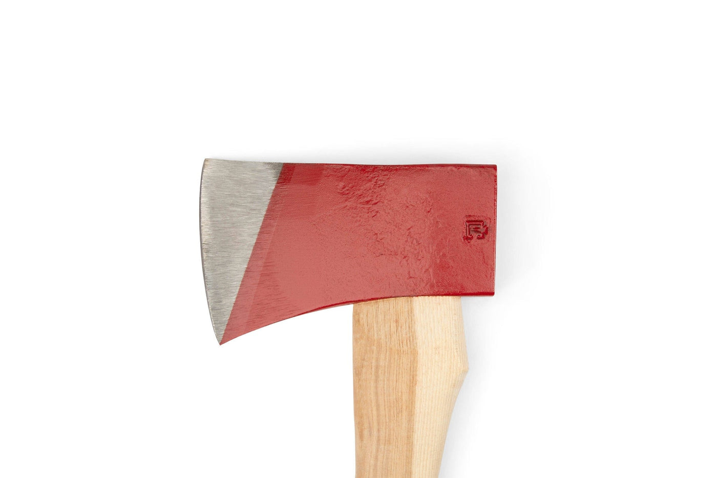 A close-up of the Peavey Dayton Axe With Blade Guard 36-in by PEA, showcasing its red-painted forged steel head and light American hickory handle, set against a plain white background.