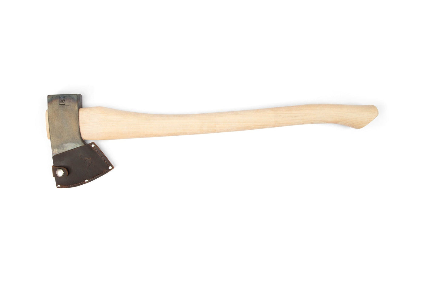 The PEA Peavey Hudson Bay Axe with Blade Guard 28-in features a light wooden handle and a 5160 steel blade with a brown leather sheath, shown on a white background.
