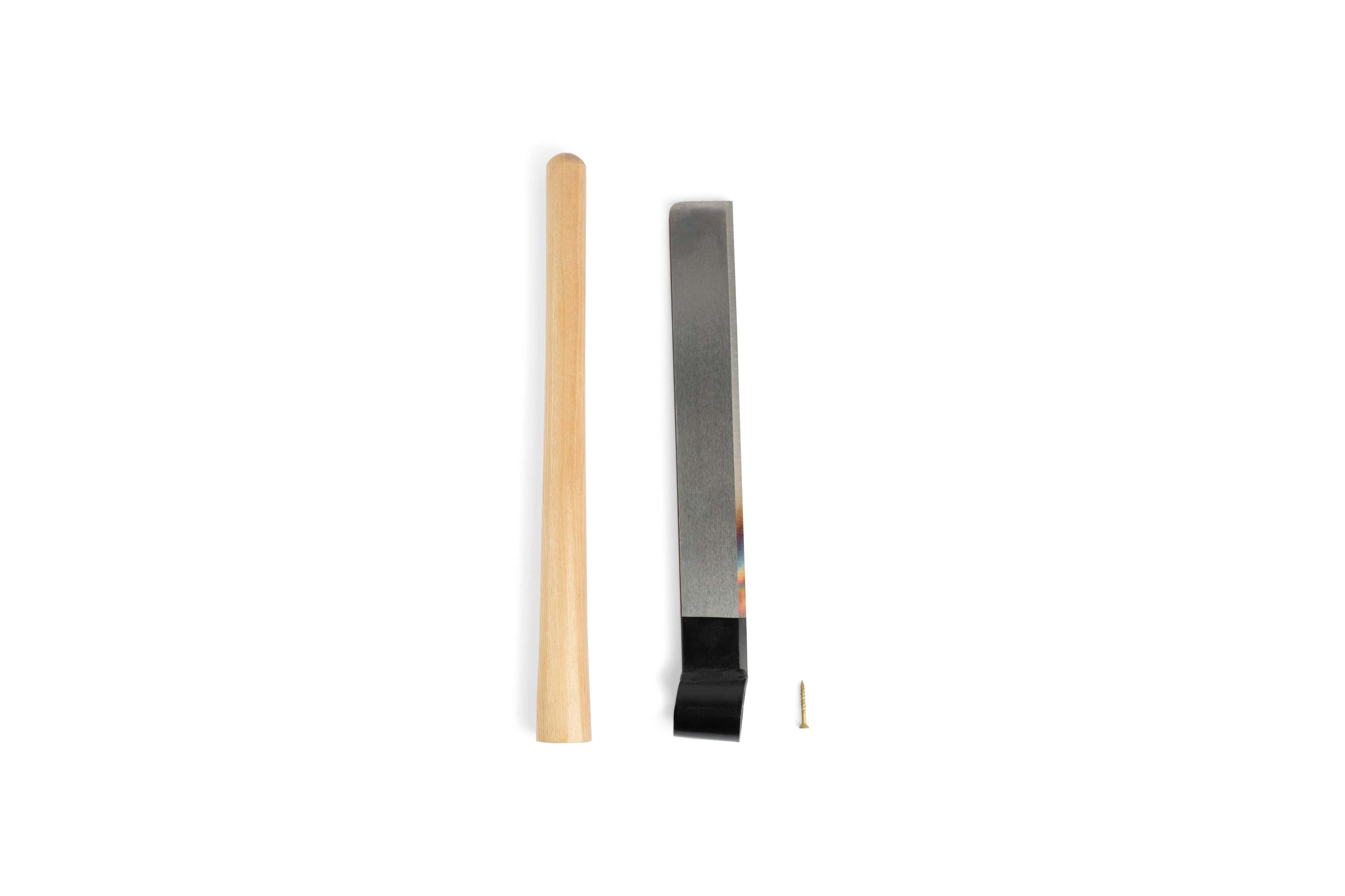 The Peavey Shingle Froe by PEA, featuring a wooden handle, metal file with black tip, and small screw, is arranged on a white background for easy crafting of froes or shakes.
