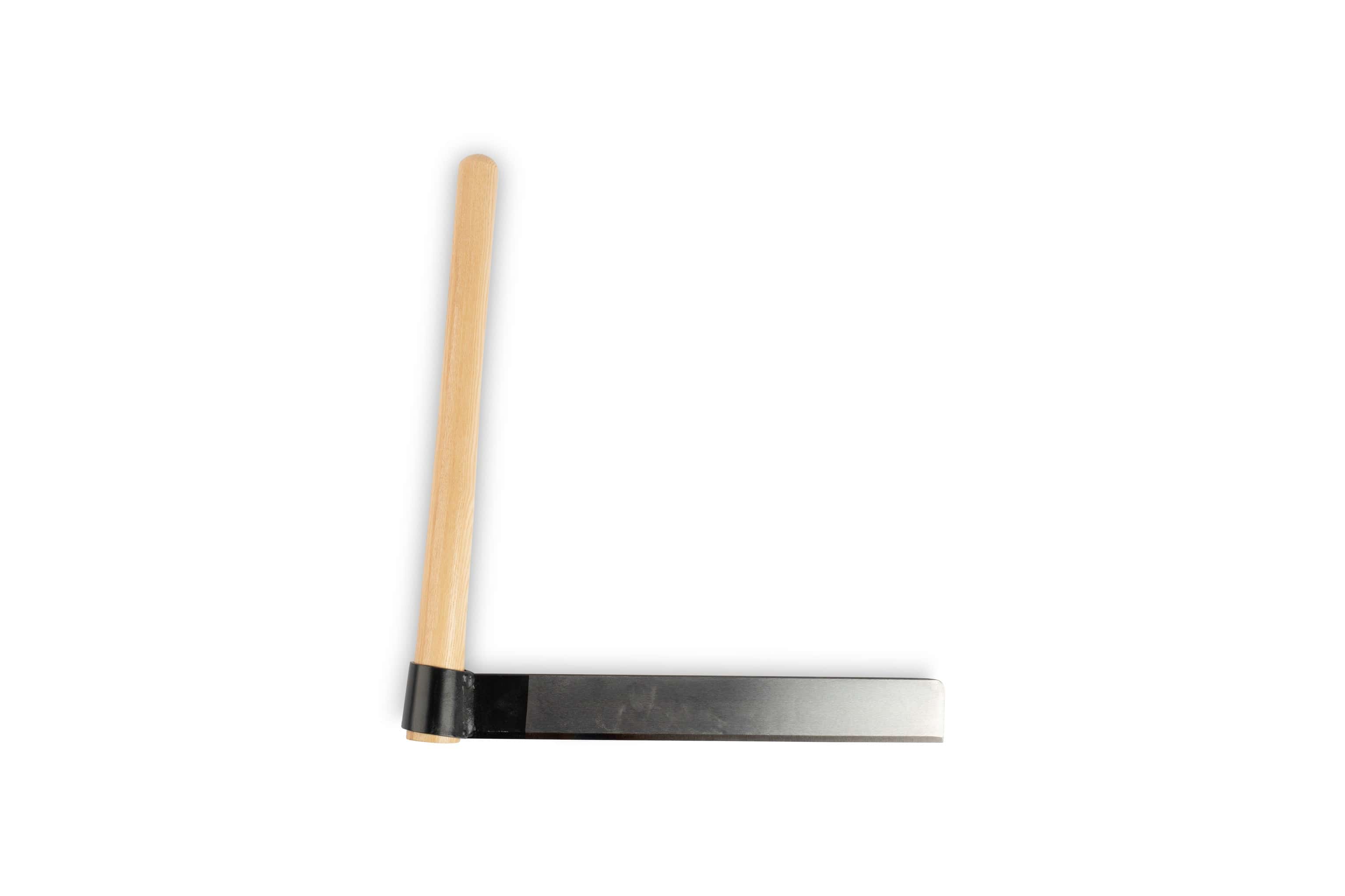 The Peavey Shingle Froe by PEA, with its wooden handle and metal blade forming a right angle, is set against a plain white background, ready to craft precise shingle cuts.