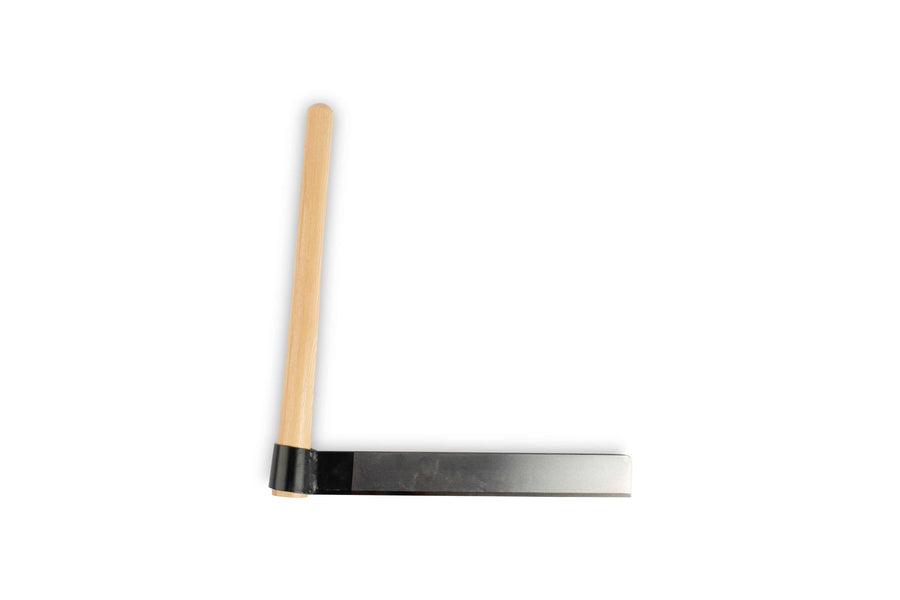 The Peavey Shingle Froe by PEA, with its wooden handle and metal blade forming a right angle, is set against a plain white background, ready to craft precise shingle cuts.