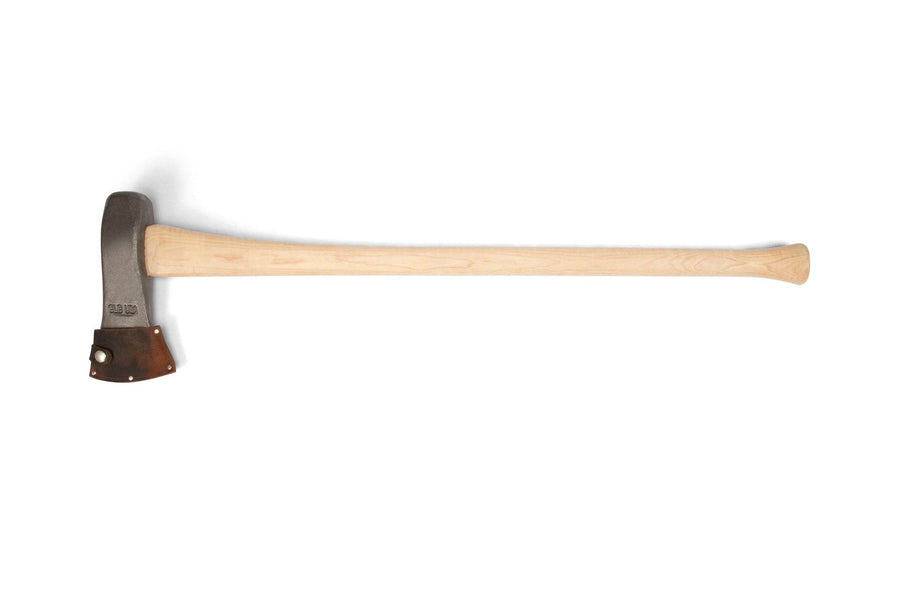 The PEA Peavey Splitting Maul With Blade Guard 36-in, featuring an American hickory handle and silver head with a brown sheath, rests horizontally on a white background.