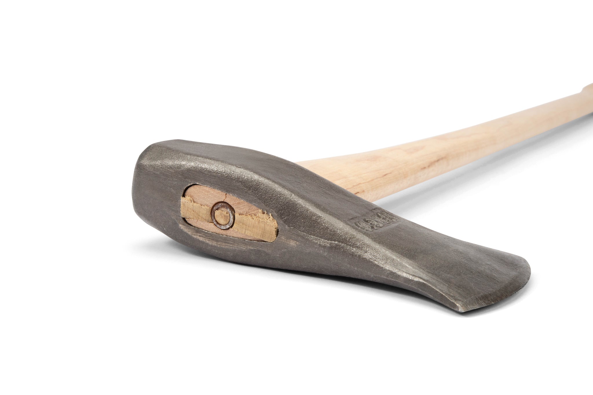 A close-up of the PEA Peavey Splitting Maul With Blade Guard 36-in shows its slightly worn metal head and visible securing wedge, mounted on an American hickory handle and resting on a white background.