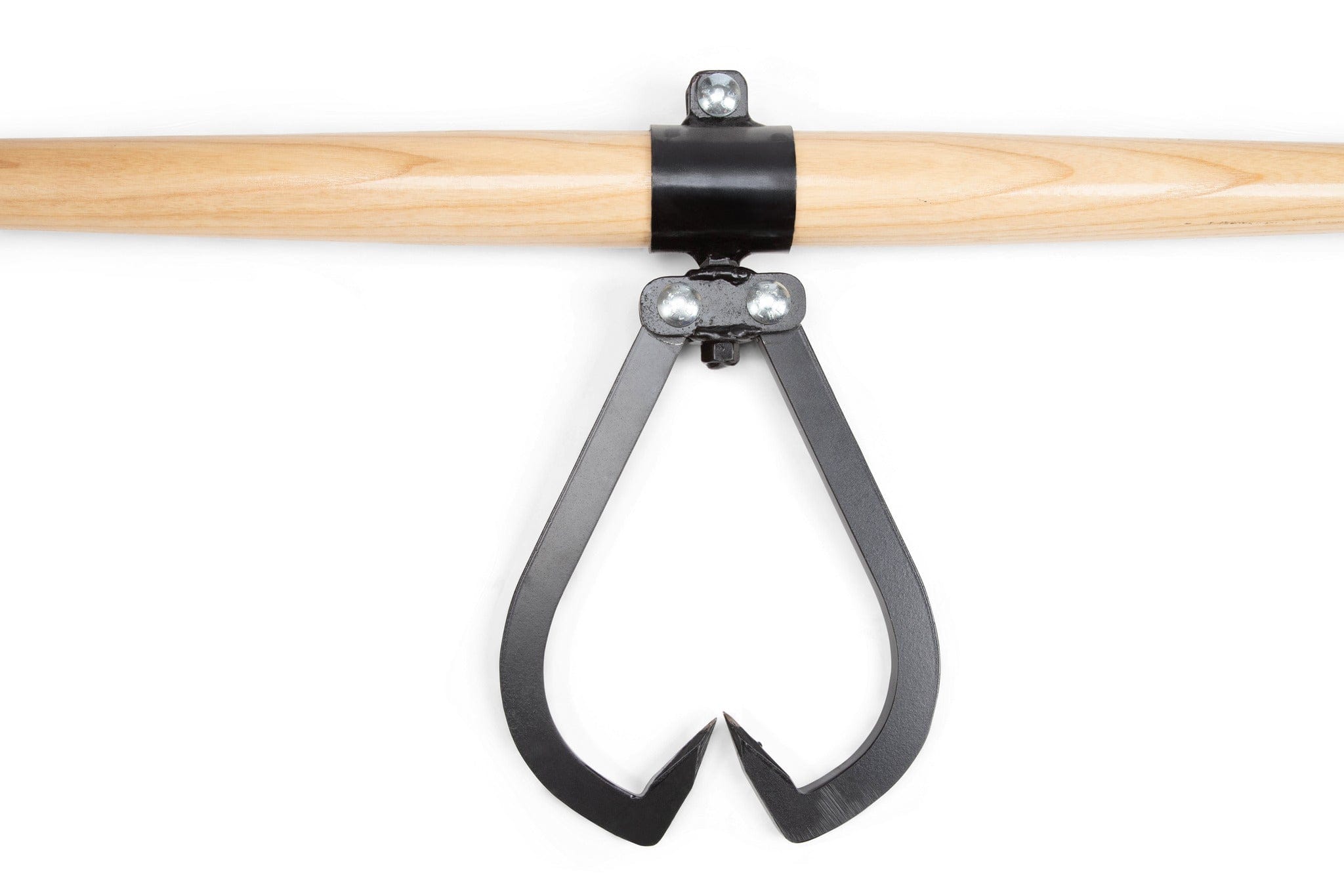 The PEA Peavey Swivel Timber Carrier features black metal log tongs with pointed tips, a wooden handle, and sturdy metal bracket and bolts—an ideal two-person tool for lifting and carrying logs.