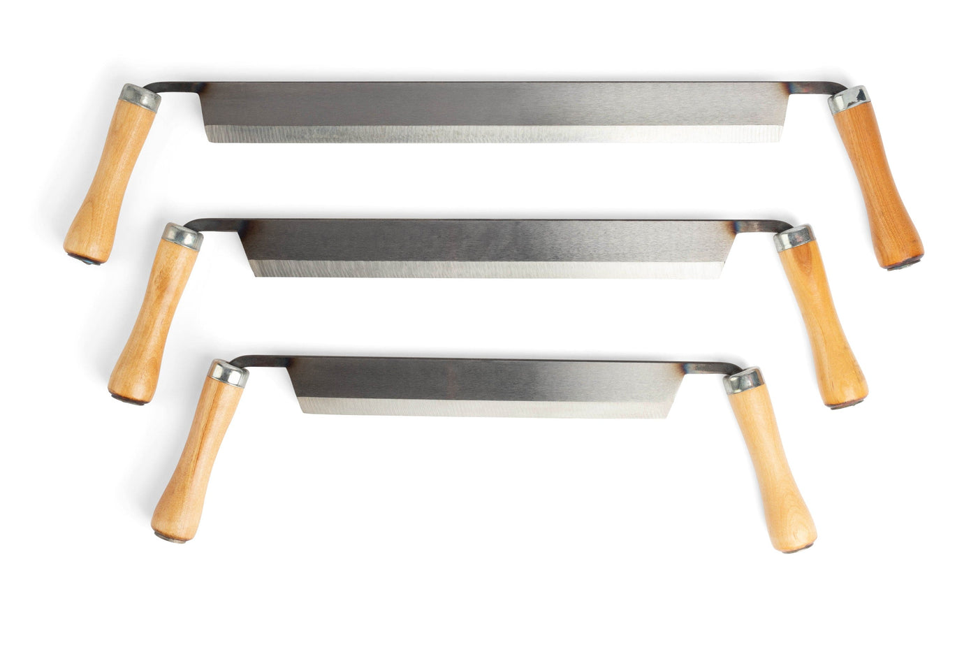 Three PEA Peavey Drawshaves featuring wooden handles and sharp metal blades are perfectly aligned on a white background, perfect for professional woodworkers handling various woodworking tasks.
