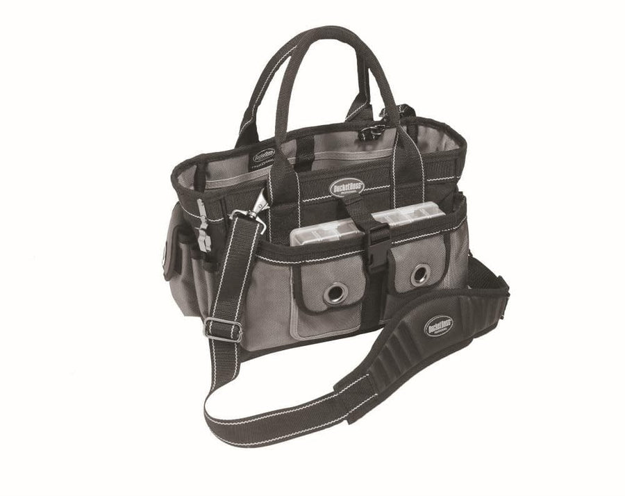 The PUL Extreme Hopalong Tool Bag in black and gray has multiple pockets, reinforced handles, a shoulder strap, and two clear plastic organizers—ideal for professionals needing a heavy-duty solution.