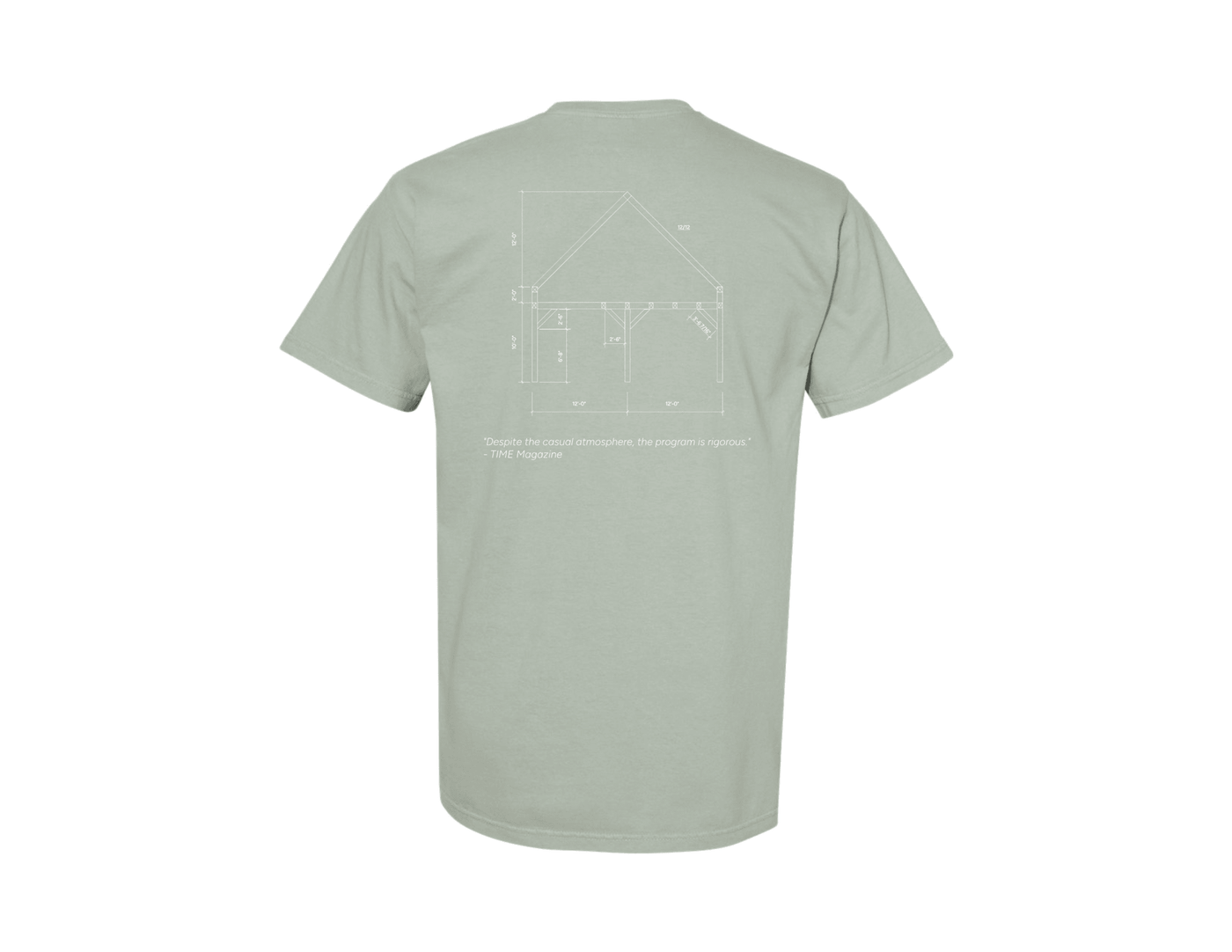 The Shelter Courses Time Quote T-Shirt by Riptide Print Company is a light green heavyweight cotton tee, shown from the back with a white house line drawing and the quote “Beneath the circular structures, the program is opened.”.