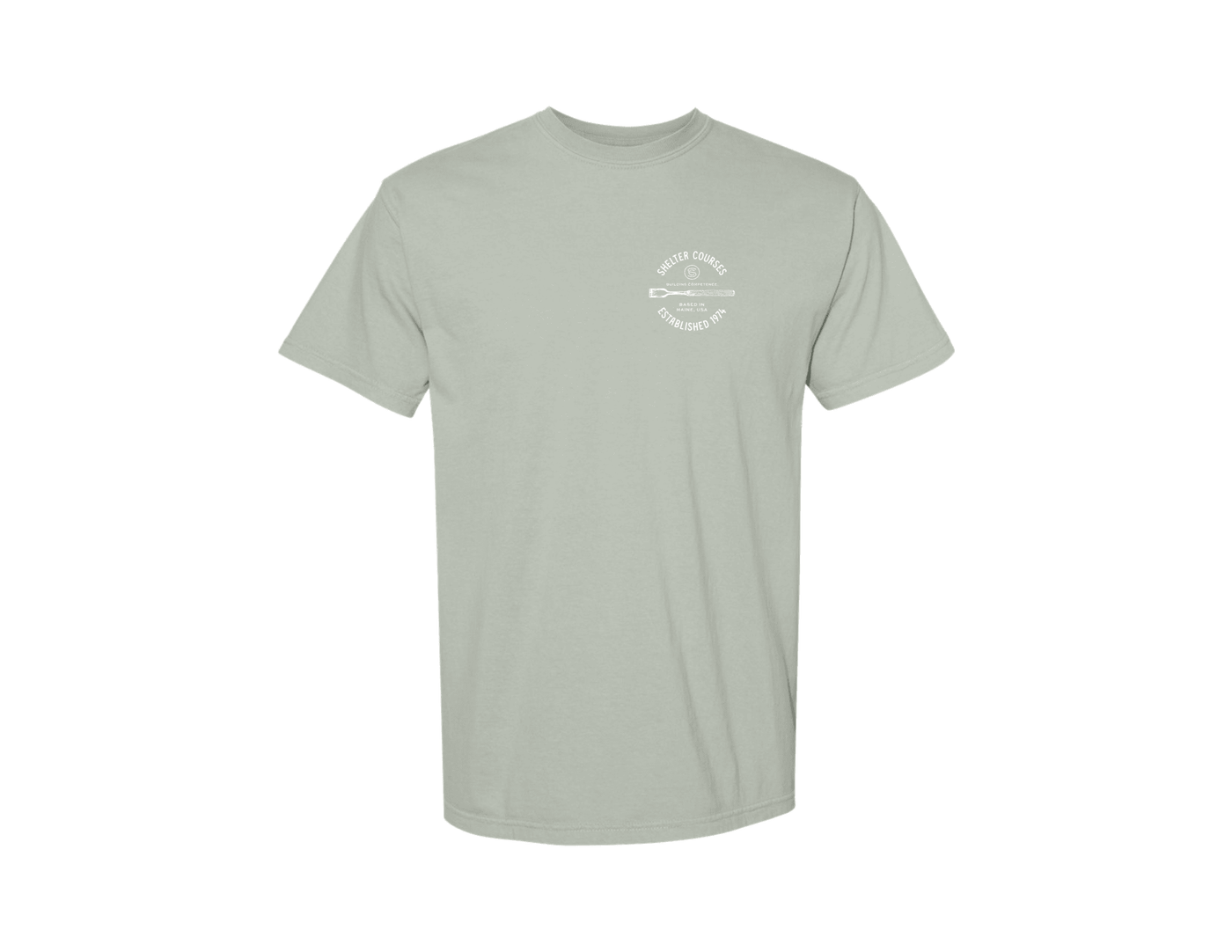 The Shelter Courses Time Quote T-Shirt by Riptide Print Company is a light gray heavyweight cotton tee featuring a small white graphic of crossed oars with "Shelter Courses" in a circle on the left chest.