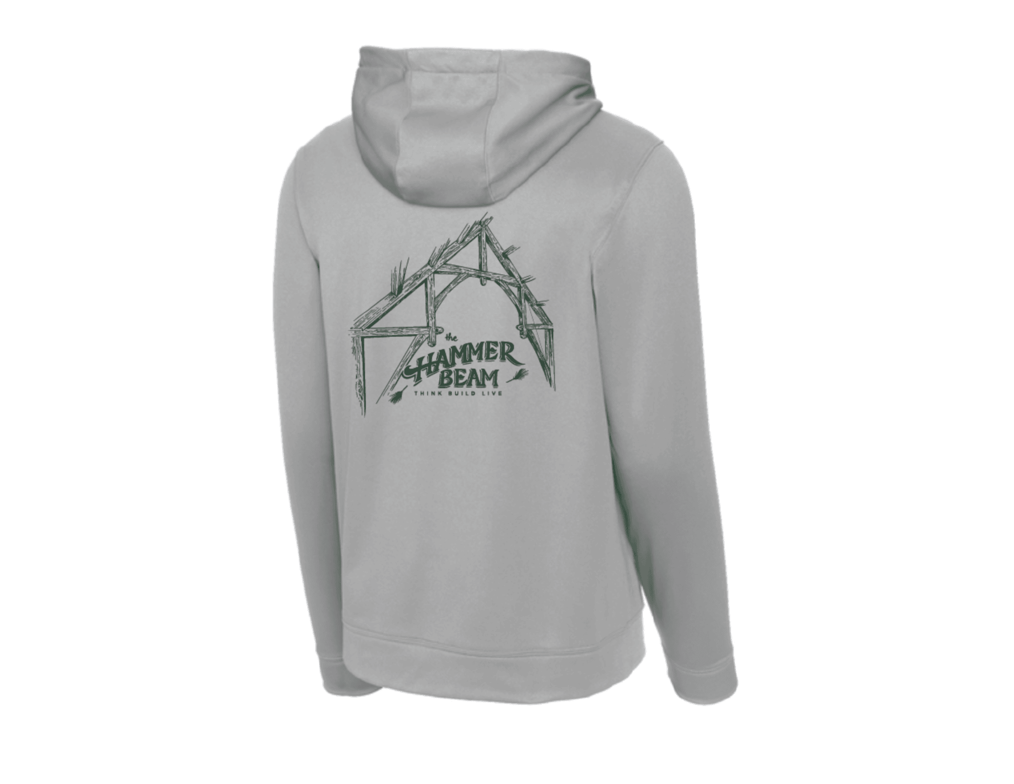 The Shelter Institute Hammerbeam Athletic Sweatshirt by Riptide Print Company features a green timber frame graphic on the back, with “The Hammer Beam” and “Frank Lloyd Lodge” printed below. Light gray color.