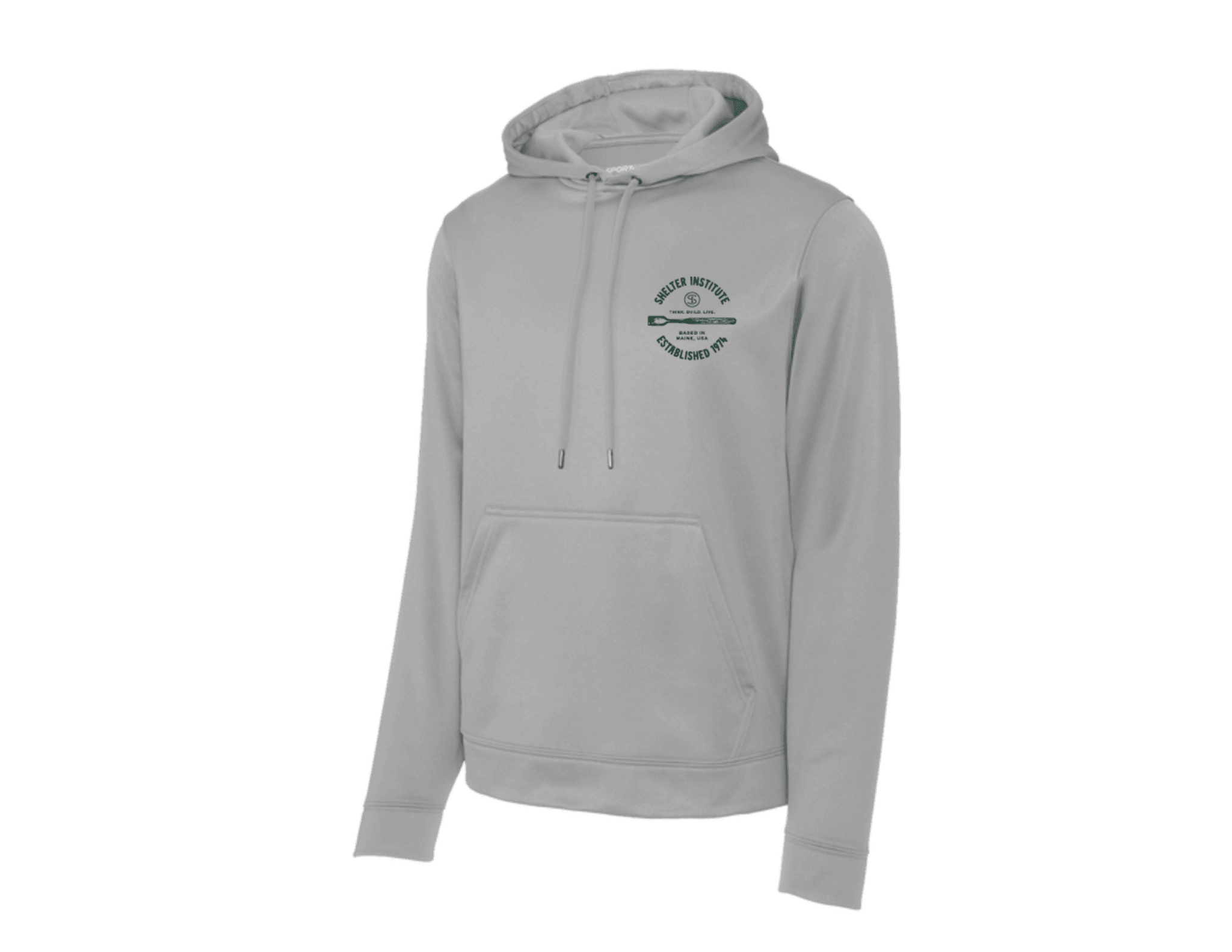The Shelter Institute Hammerbeam Athletic Sweatshirt by Riptide Print Company is a light gray athletic top with a front pocket, drawstrings, and a small green emblem with text on the left chest, inspired by timber frame shelters; shown on a white background.