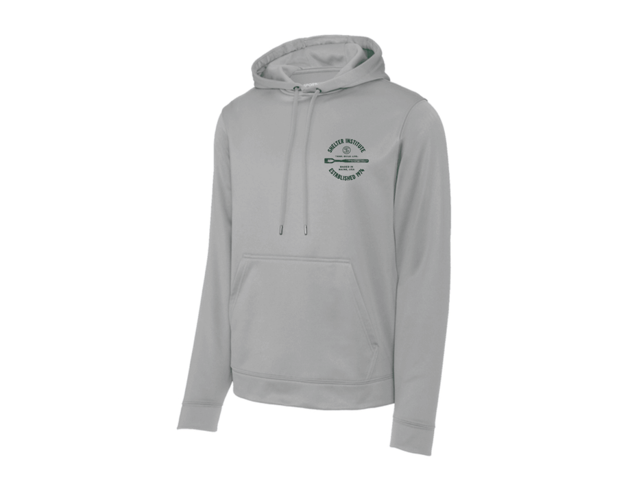 The Shelter Institute Hammerbeam Athletic Sweatshirt by Riptide Print Company is a light gray athletic top with a front pocket, drawstrings, and a small green emblem with text on the left chest, inspired by timber frame shelters; shown on a white background.