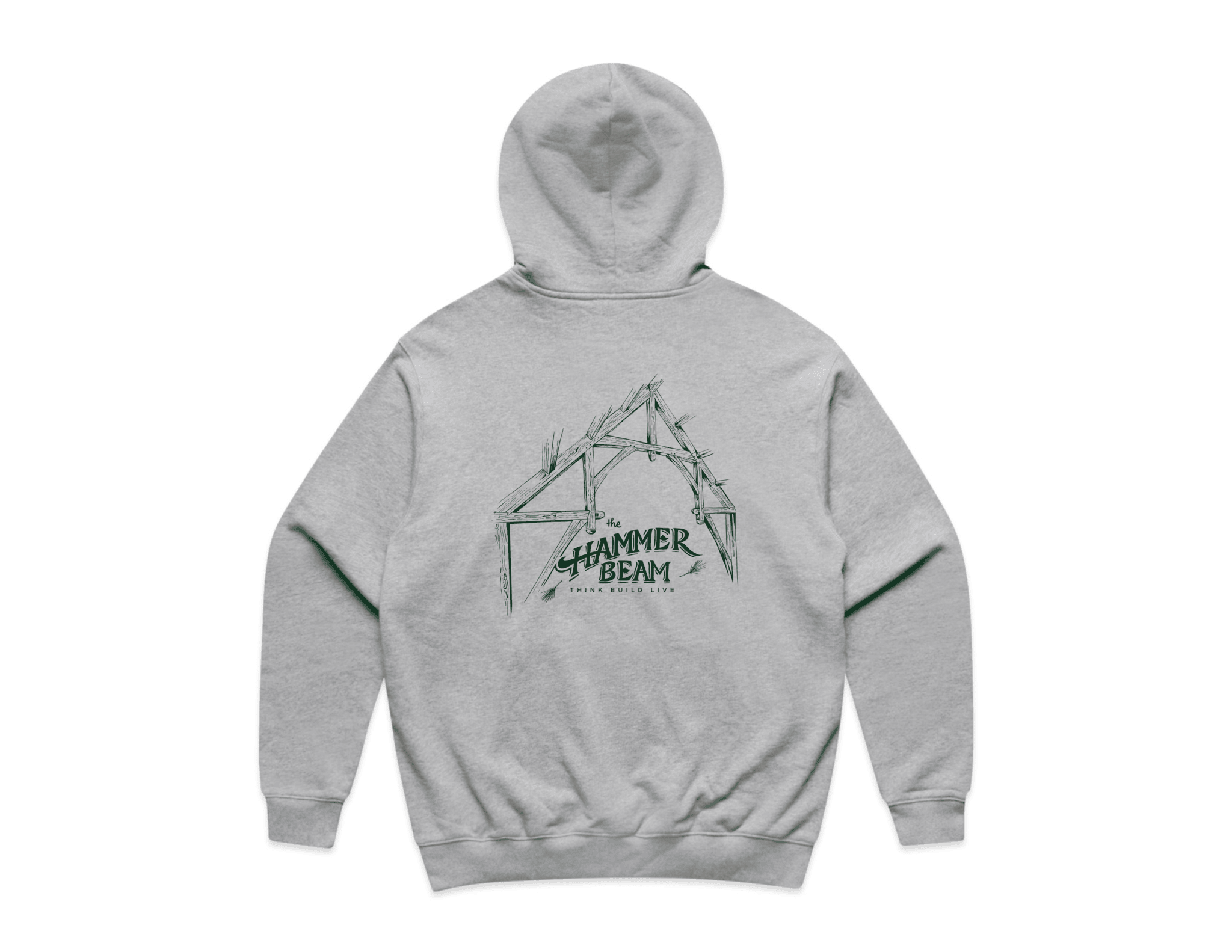 The Shelter Institute Hammerbeam Cotton Sweatshirt by Riptide Print Company is a light gray heavyweight top featuring green line art of a timber roof structure and "The Hammer Beam" on the back—ideal for timber frame enthusiasts.