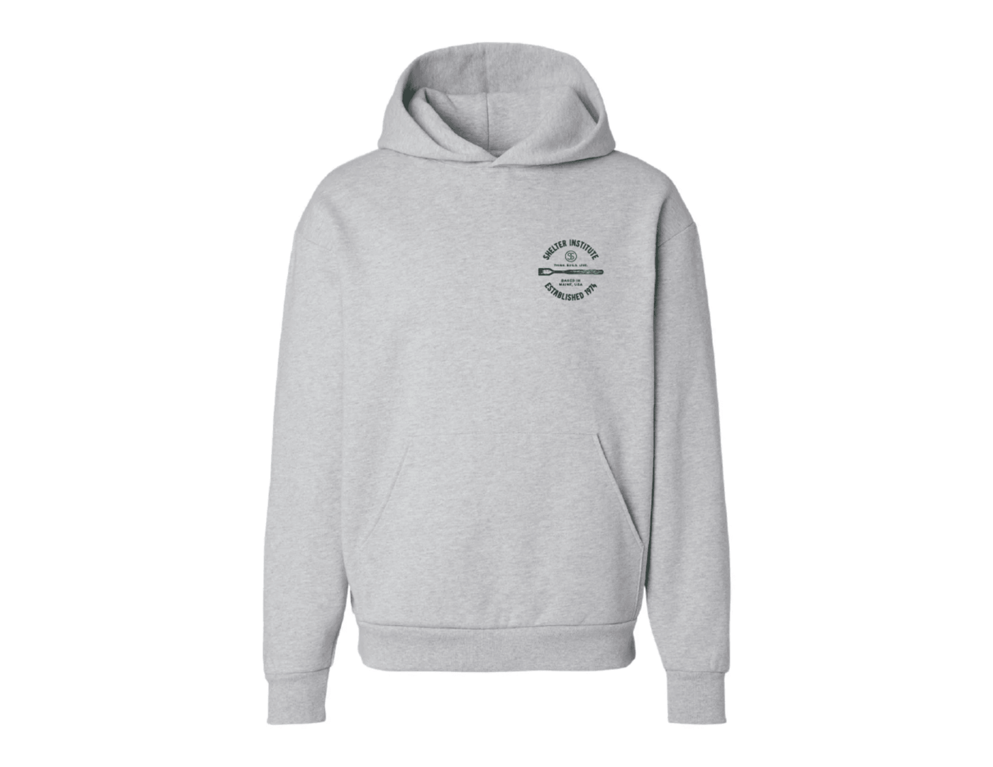 The Shelter Institute Hammerbeam Cotton Sweatshirt by Riptide Print Company is a light gray heavyweight cotton hoodie with a small circular dark text logo on the left chest, front pocket, and ribbed cuffs and hem for comfort and style.