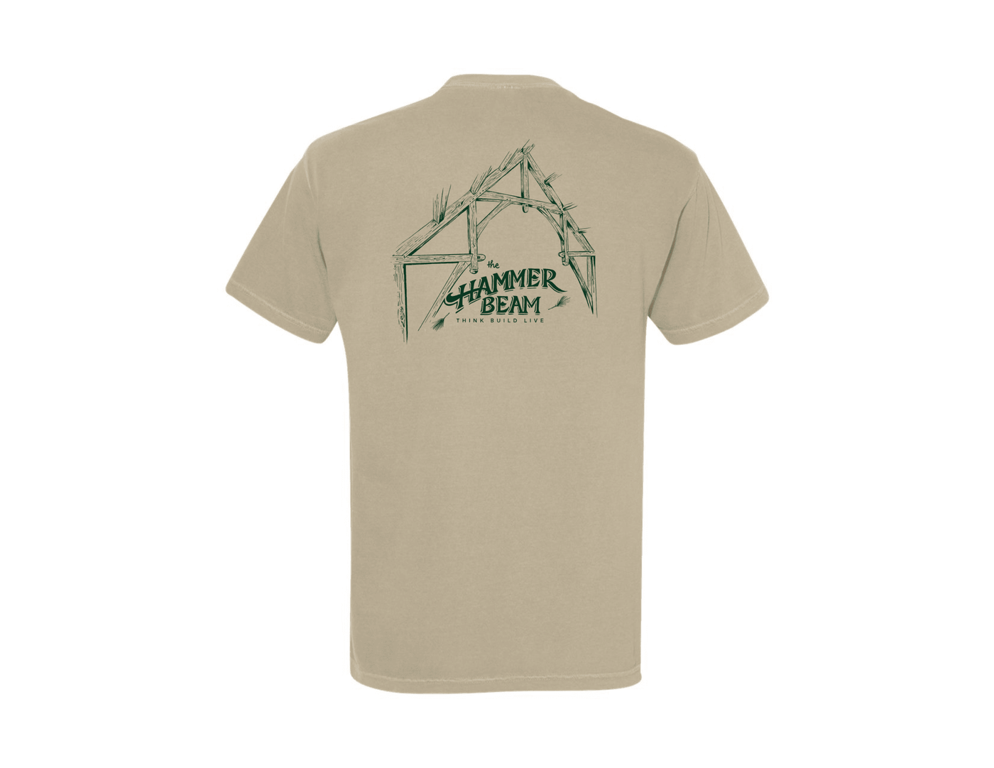 The Shelter Institute Hammerbeam T-Shirt by Riptide Print Company features a green timber frame line drawing and “HAMMER BEAM TIMBER FRAMING LTD” on the back, crafted from soft, heavyweight cotton in khaki pine green.
