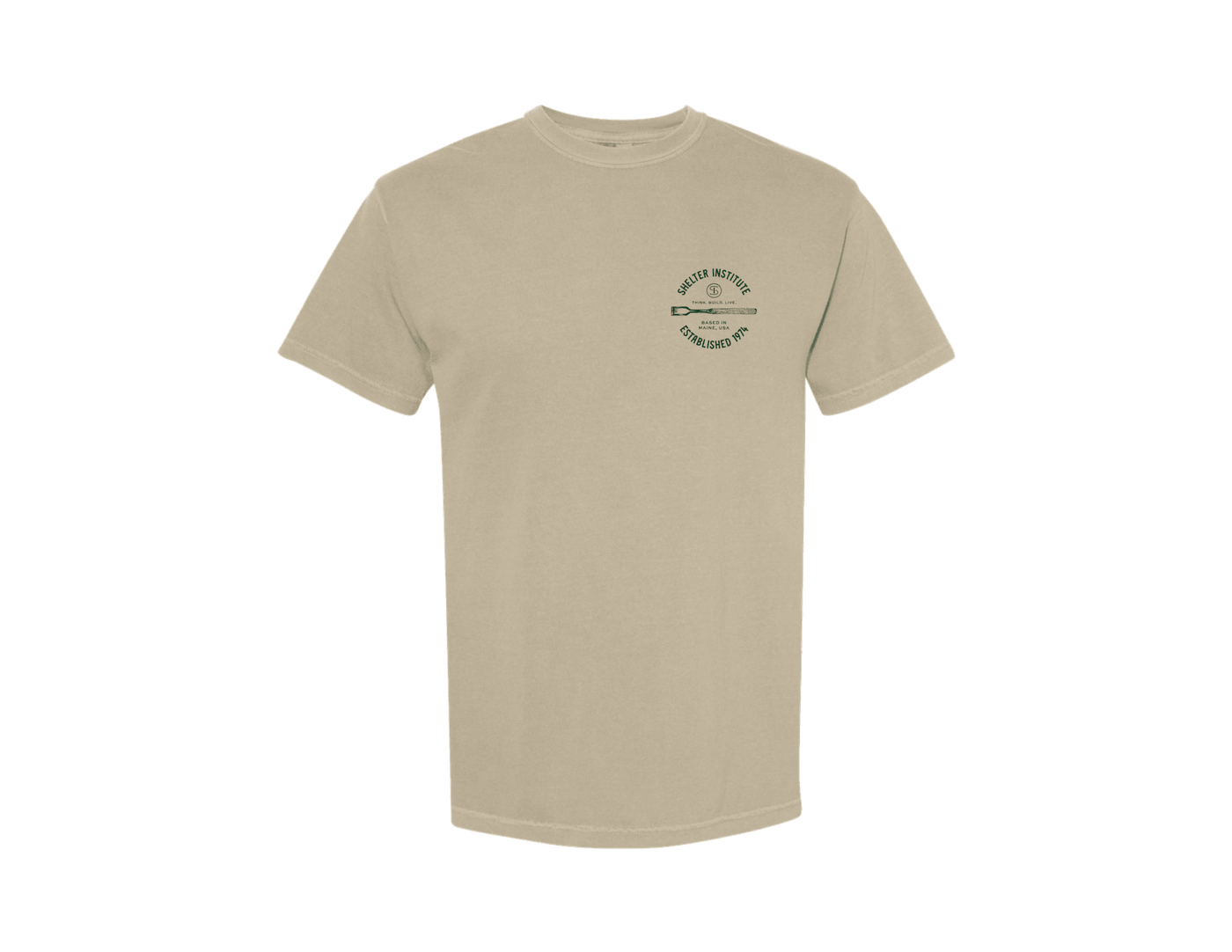 The Shelter Institute Hammerbeam T-Shirt by Riptide Print Company is a plain beige heavyweight cotton tee with a small pine green paddle logo and circular text on the left chest, shown on a white background.