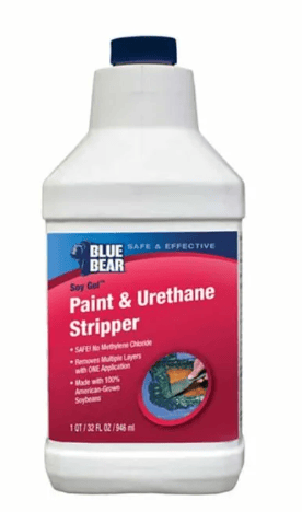 A 1-quart bottle of RMP Soy Gel Paint & Urethane Stripper, a low VOC remover made from American-grown soybeans, features a white body, blue cap, and red label—ideal for safe indoor paint stripping.