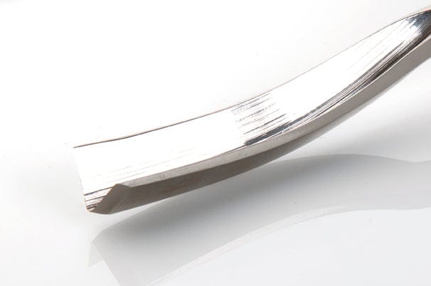 The Two Cherries V-Tool #41 60D by ROB features a sleek, curved metal blade with a reflective surface and an octagonal hornbeam handle, elegantly displayed against a plain white background.