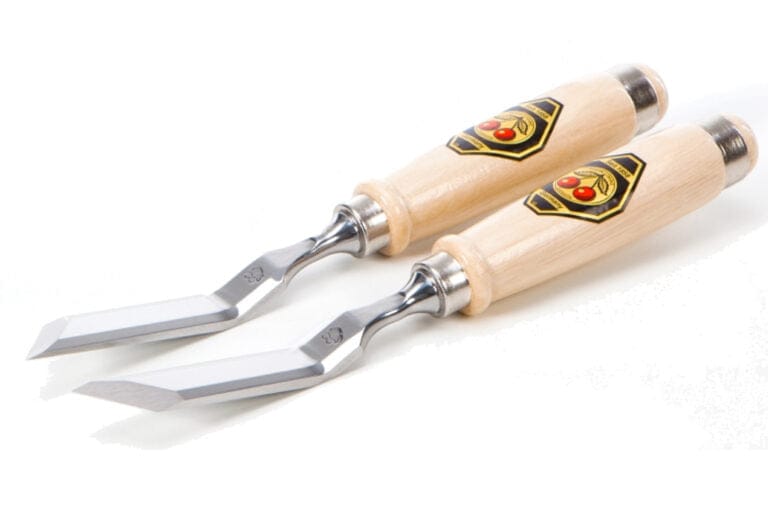 The ROB Two Cherries Cranked Neck Skew Chisel Set features two handcrafted chisels with wood handles, shiny metal blades known for excellent edge retention, and handles with yellow-black labels accented in red, placed side by side on a white surface.