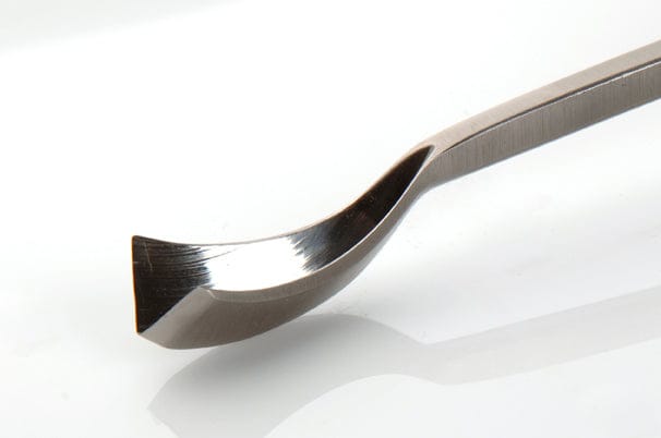 Close-up of the ROB Two Cherries V-Tool #41 60D with a curved, chisel-like blade and an octagonal hornbeam handle on a white background.