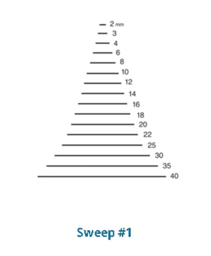 The Two Cherries Gouge Sweep #1 by ROB features a precise arrangement of horizontal lines, similar to a carving chisel's precision, gradually increasing in length and labeled with even numbers from 2 mm to 40, epitomizing meticulous balance akin to a straight edge.