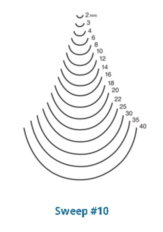 Curved lines with labeled measurements, resembling a carving chisel, range from 2mm to 40 in a sweeping pattern. Below reads "Sweep #10," evoking the precision of tools like the ROB Two Cherries Gouge Sweep #10, known for quality and featuring an octagonal hornbeam handle.