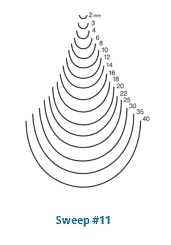 A diagram of nested semicircular arcs labeled with diameters from 2 mm to 40 mm, top to bottom. Below, text reads Sweep #11, as found on a ROB Two Cherries Gouge Sweep #11 carving tool with hornbeam handle.